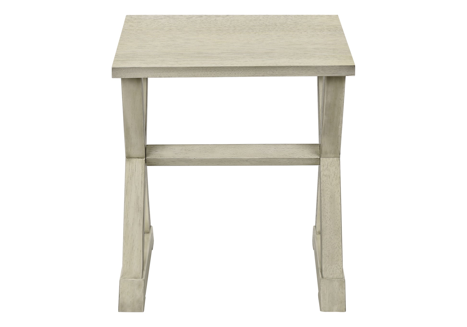 Light gray wood accent table with a square top and angular legs perfect for small spaces