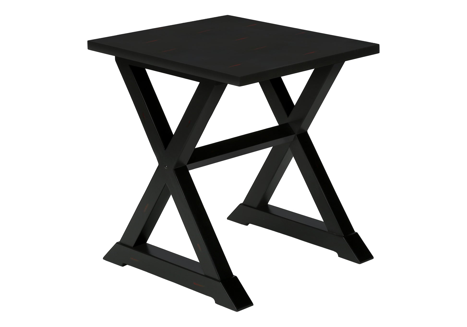 Black wooden side table with an Xshaped base and rustic accents