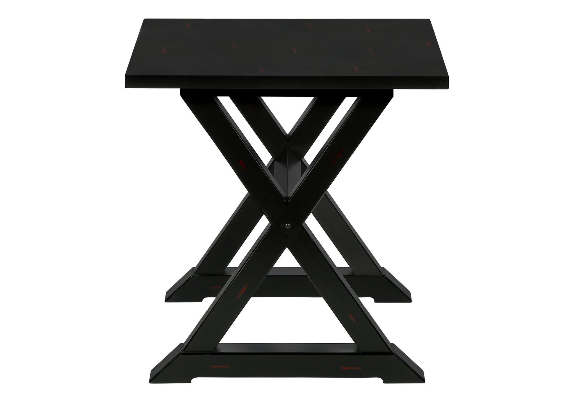 Black wooden side table with crisscross legs and distressed accents perfect for living rooms