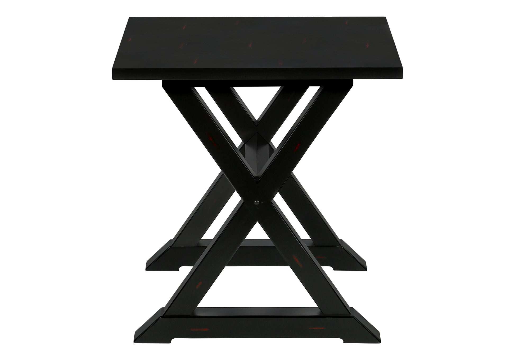 Black wooden side table with crisscross legs distressed finish