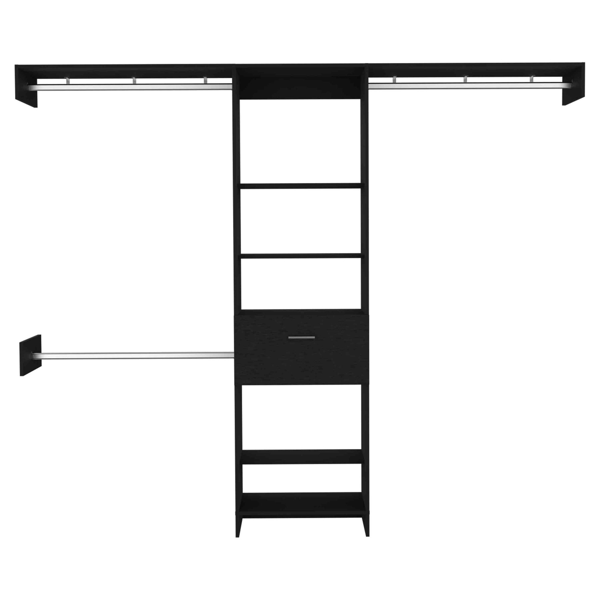 Black modular closet system with hanging rods and shelves