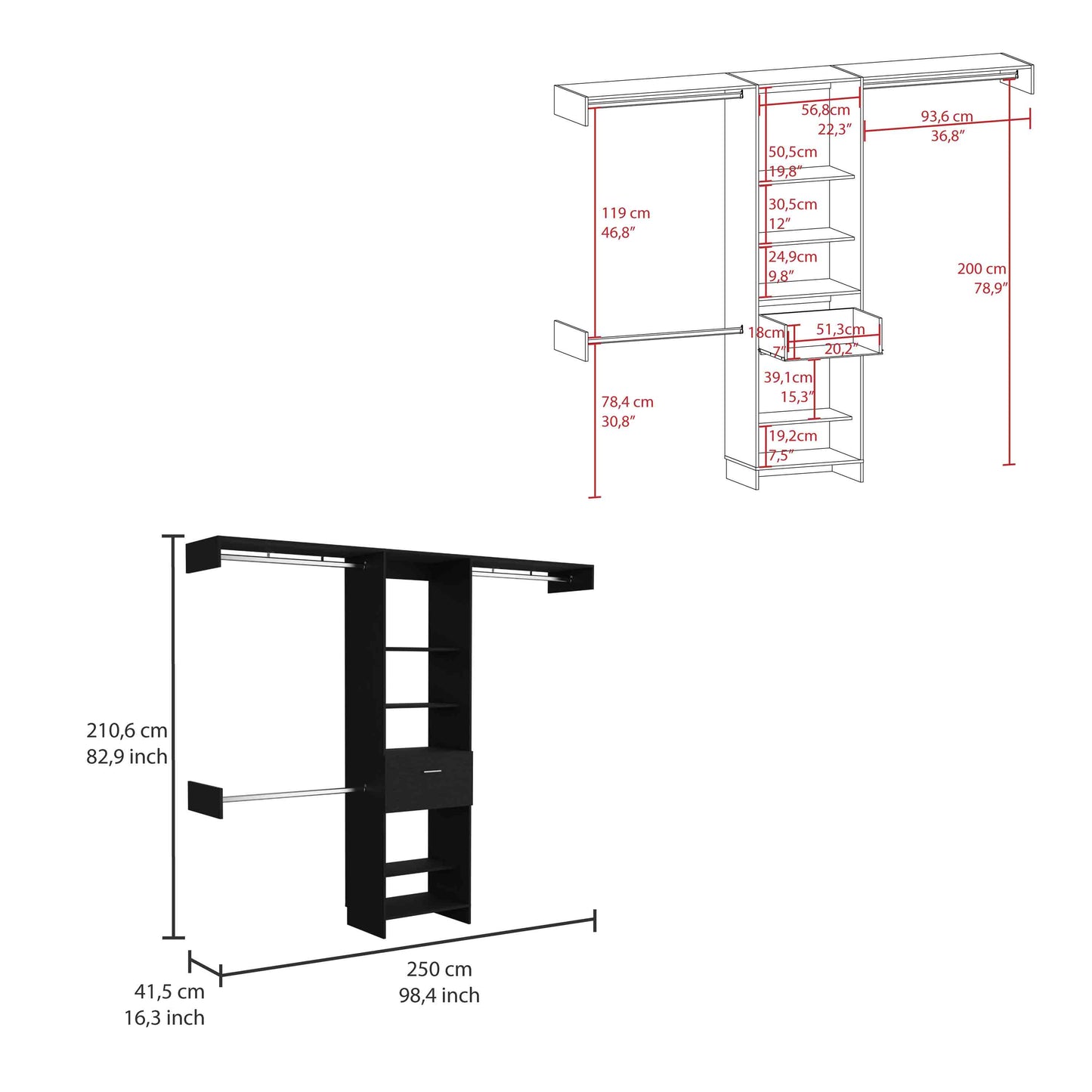 Black modular closet system with shelves and drawer