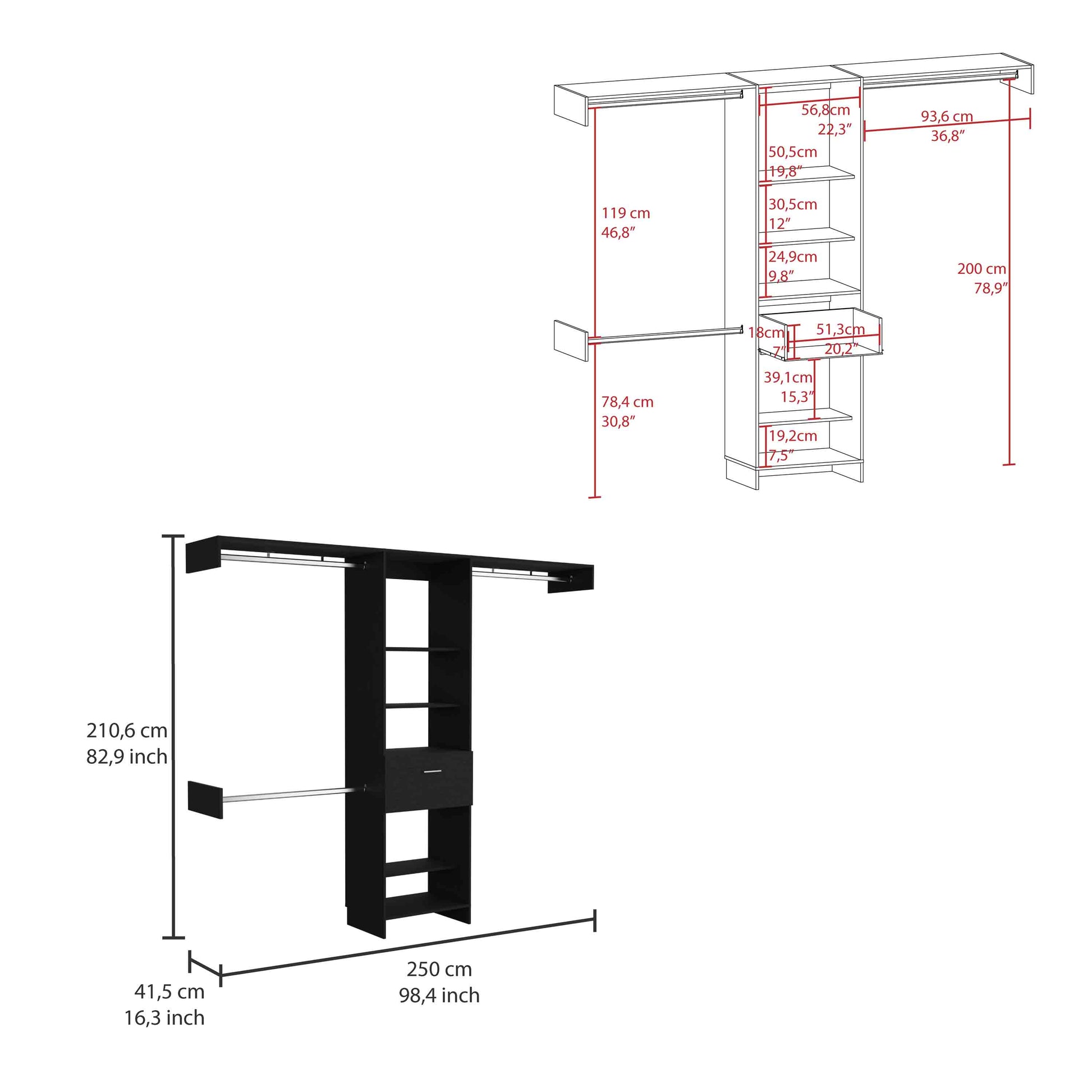 Black modular closet system with shelves and drawer