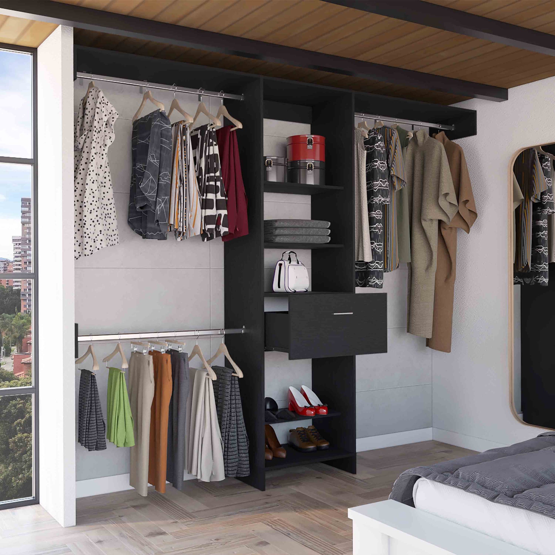 Black modern closet system with hanging clothes and shoes