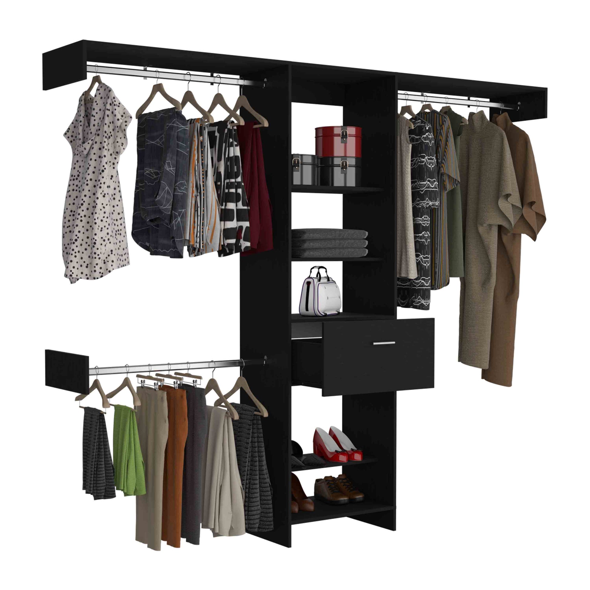Black open closet system with hanging clothes and shoes