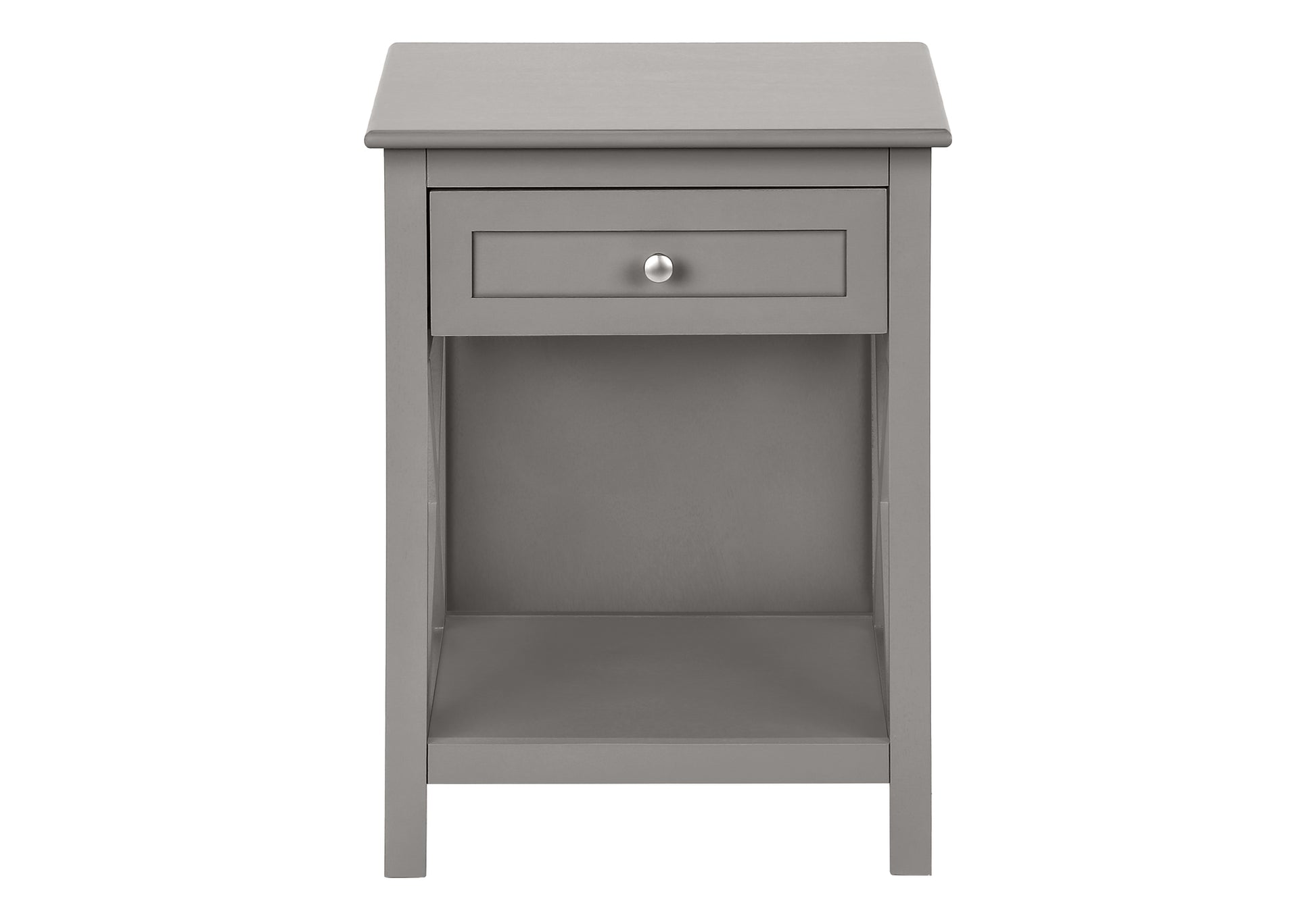 Gray wooden nightstand with one drawer and open shelf storage