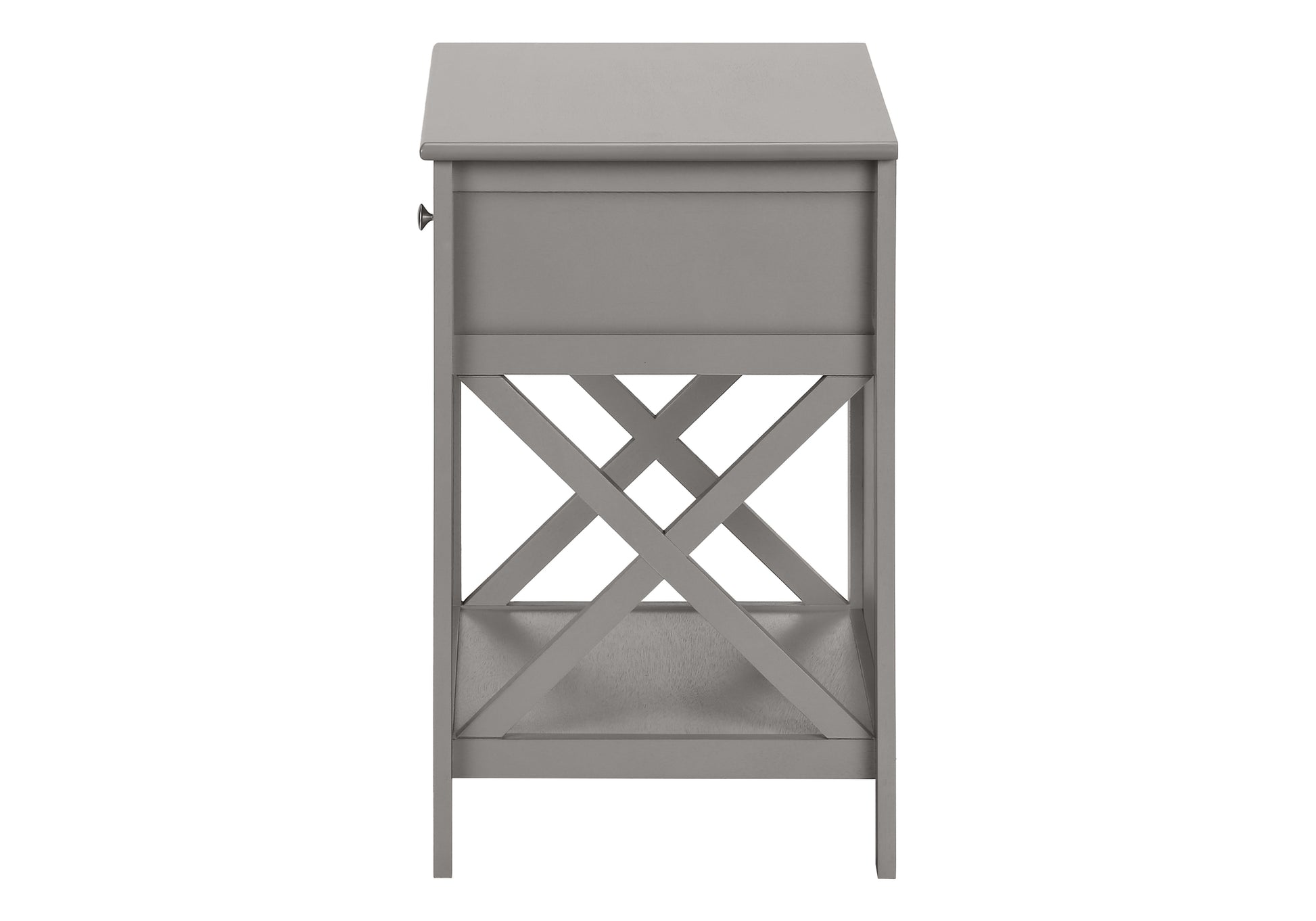 Gray wooden end table with decorative Xframe shelf and single drawer