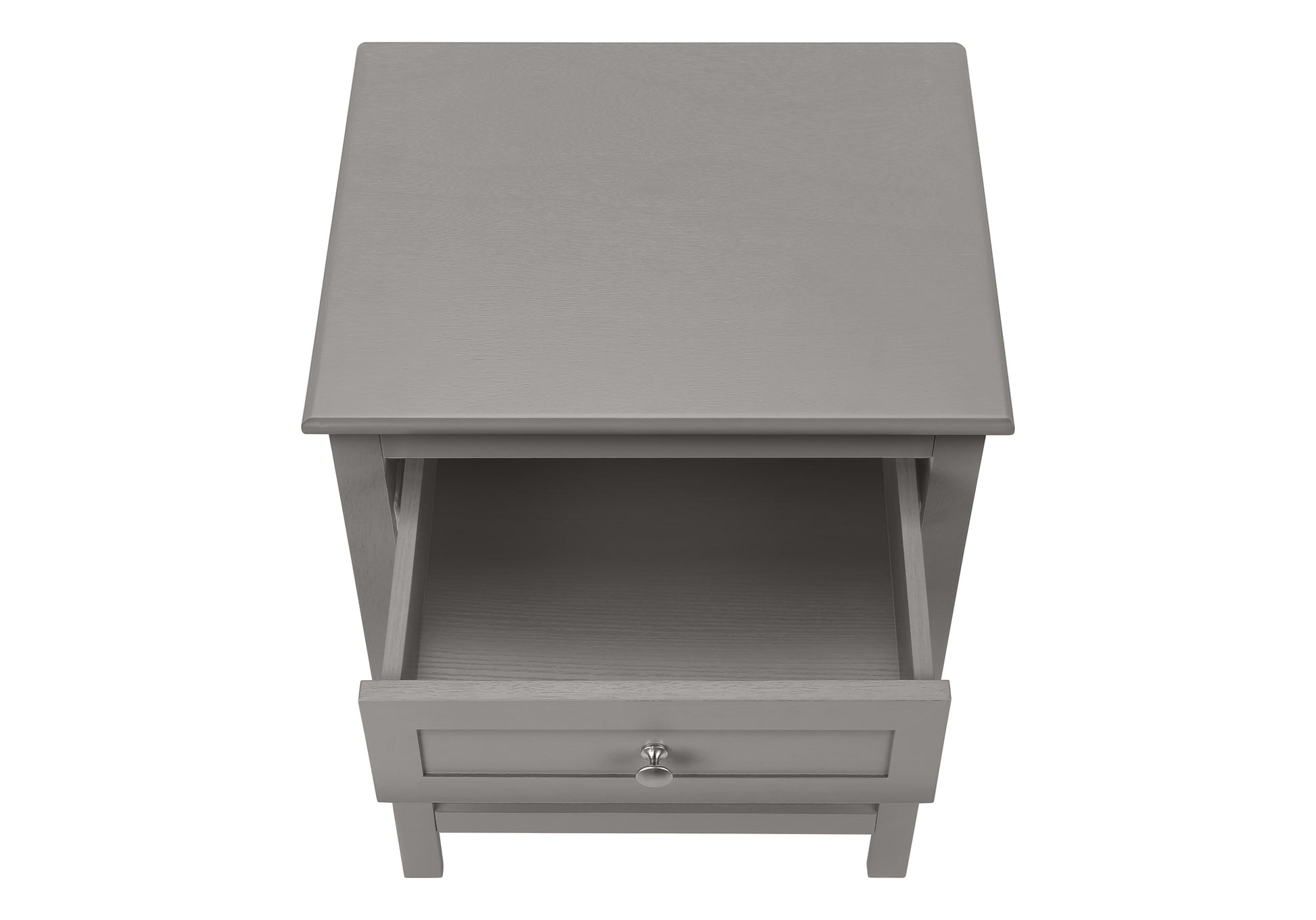 Gray wooden nightstand with one drawer open showcasing interior space