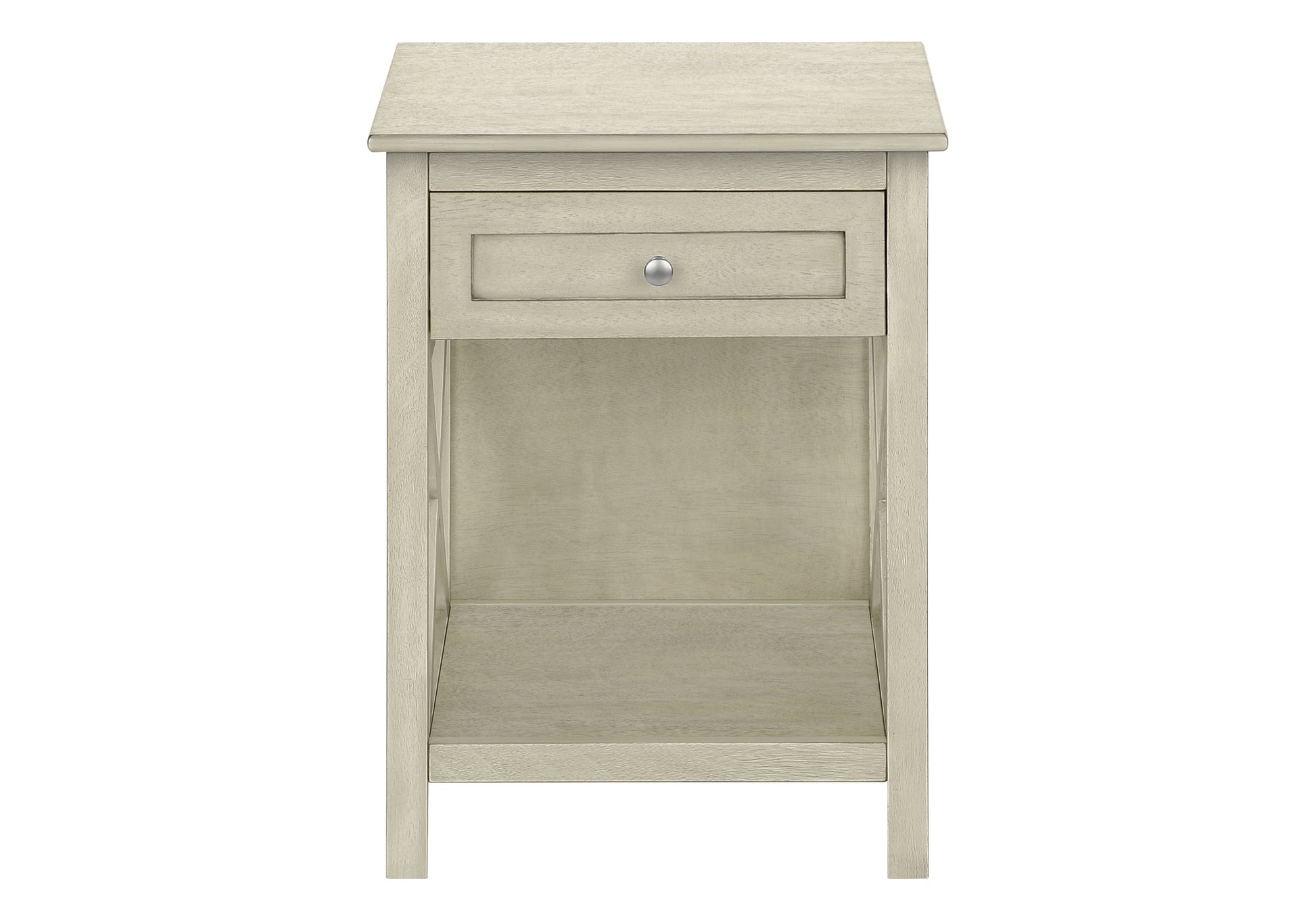 Light gray wood nightstand with one drawer and open shelf