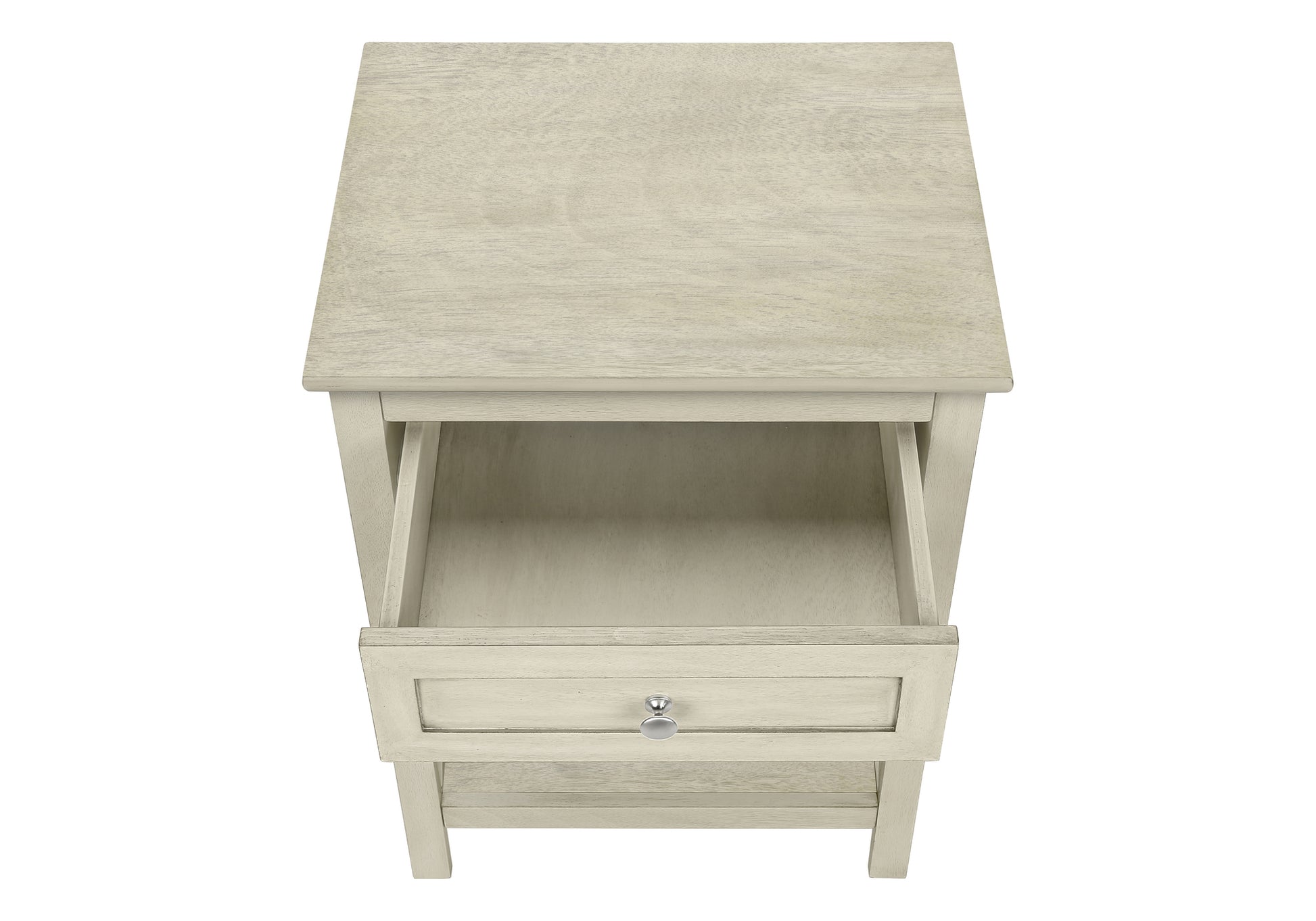 Weathered white wood nightstand with one drawer and open shelf