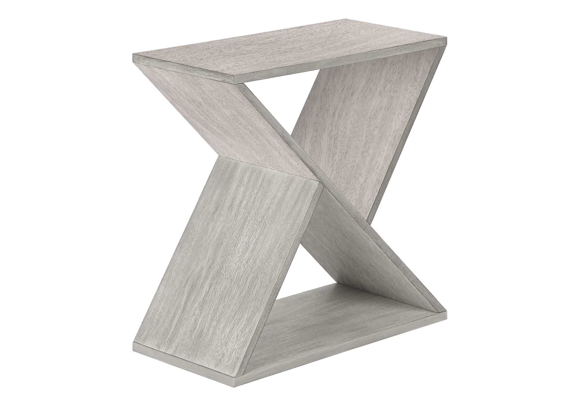 Modern grey wood accent table with unique intersecting leg design