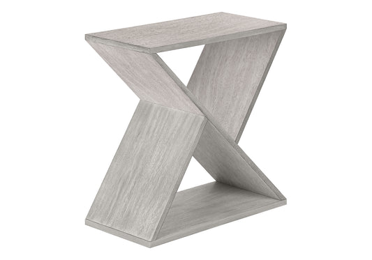 Modern grey wood accent table with unique intersecting leg design