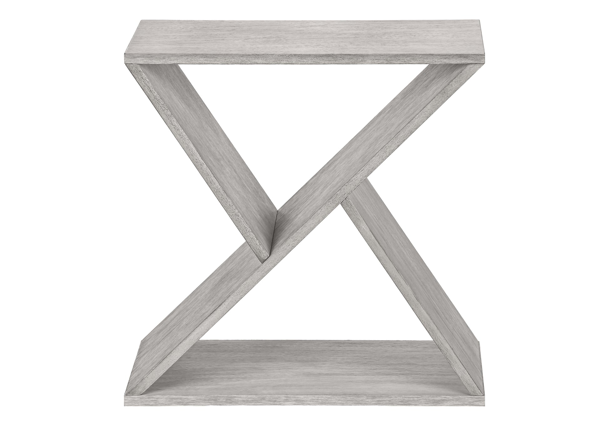 Modern gray washed wood accent table with geometric open design