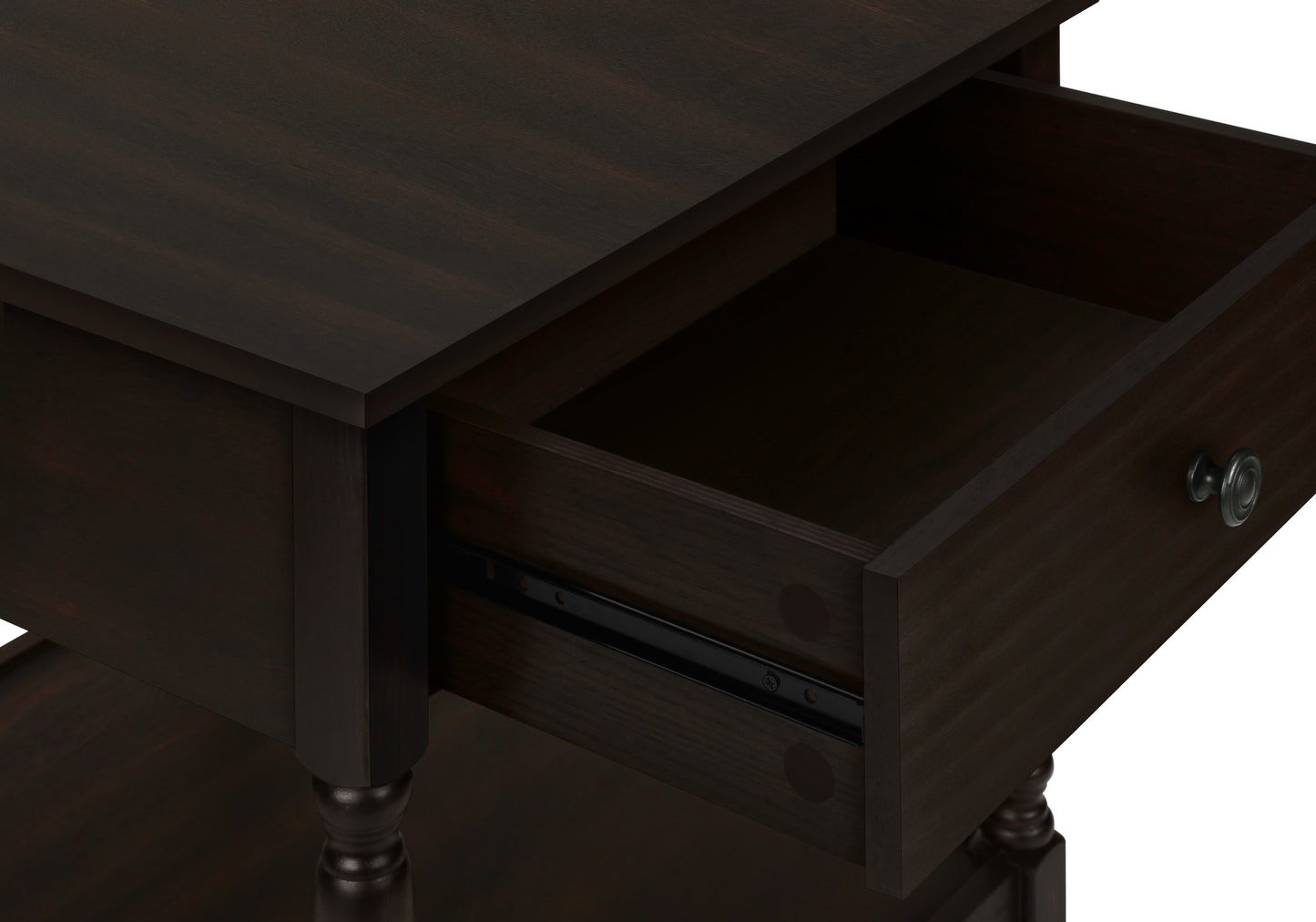 Dark brown wood nightstand with open drawer and metal hardware