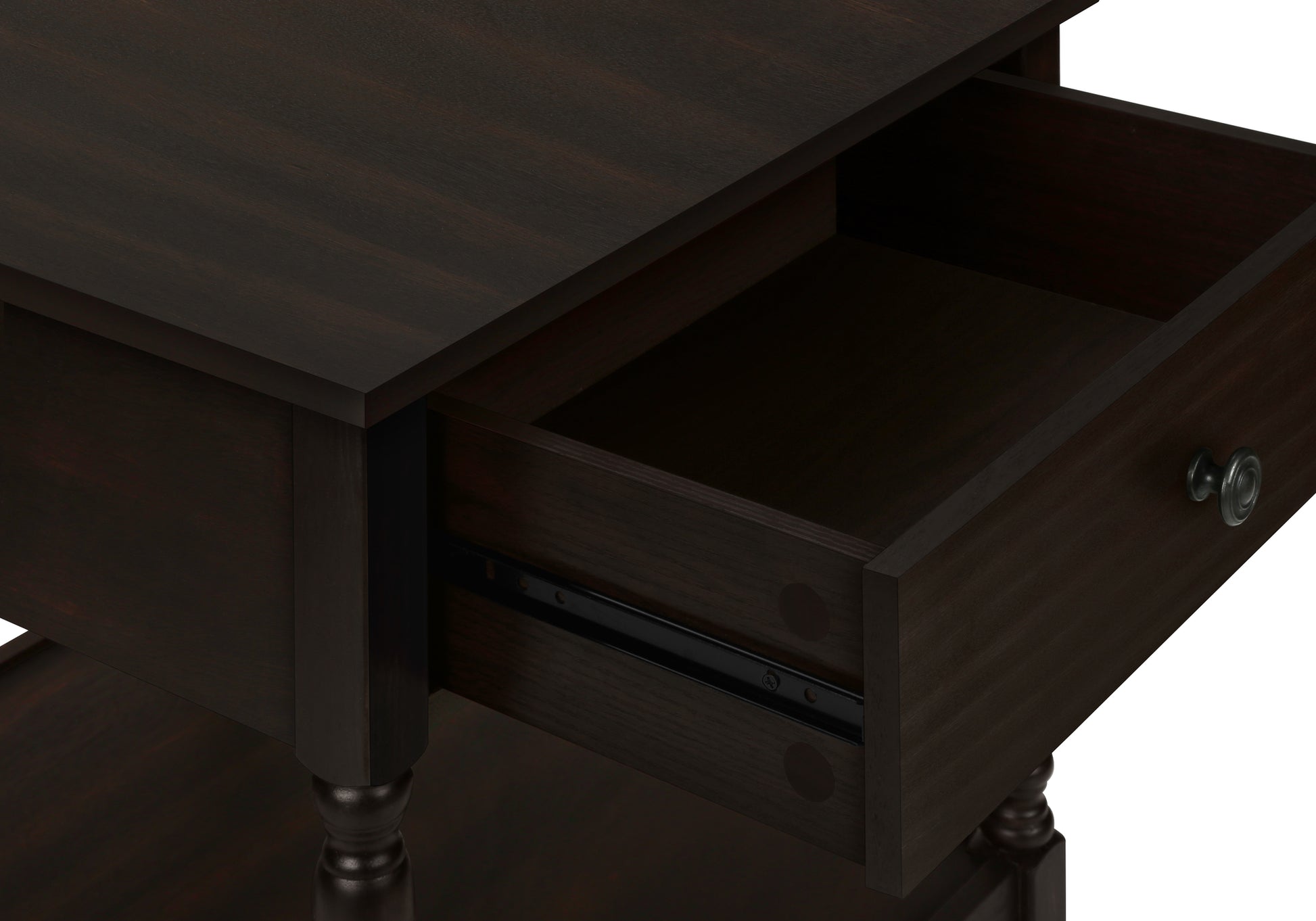 Dark brown wood nightstand with open drawer and metal hardware