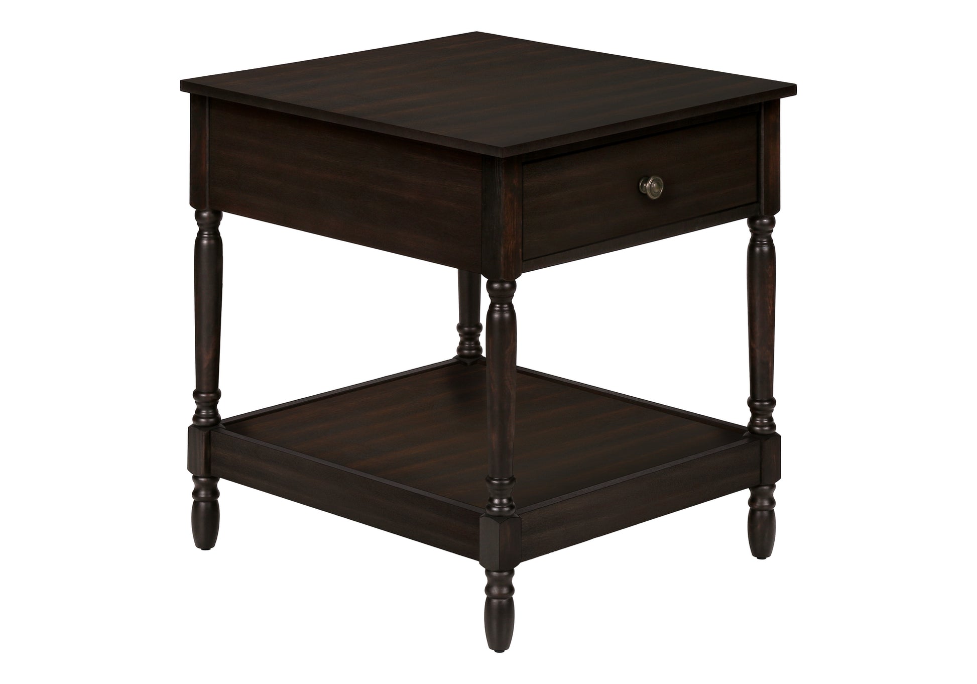 Dark brown wooden end table with a single drawer and lower shelf featuring turned legs