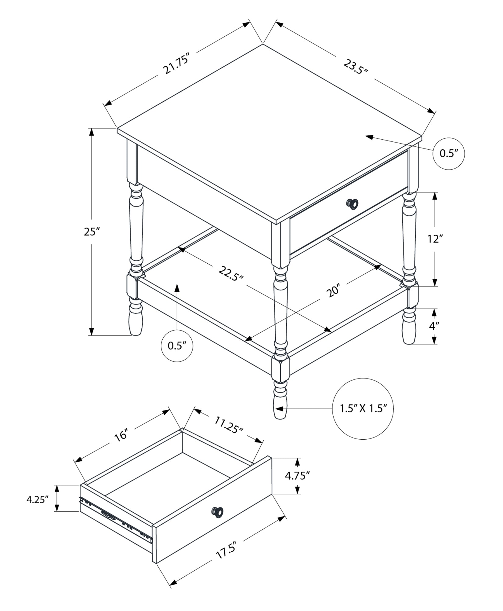Line drawing of a square white wooden side table with turned legs and a single drawer showing dimensions  x  x