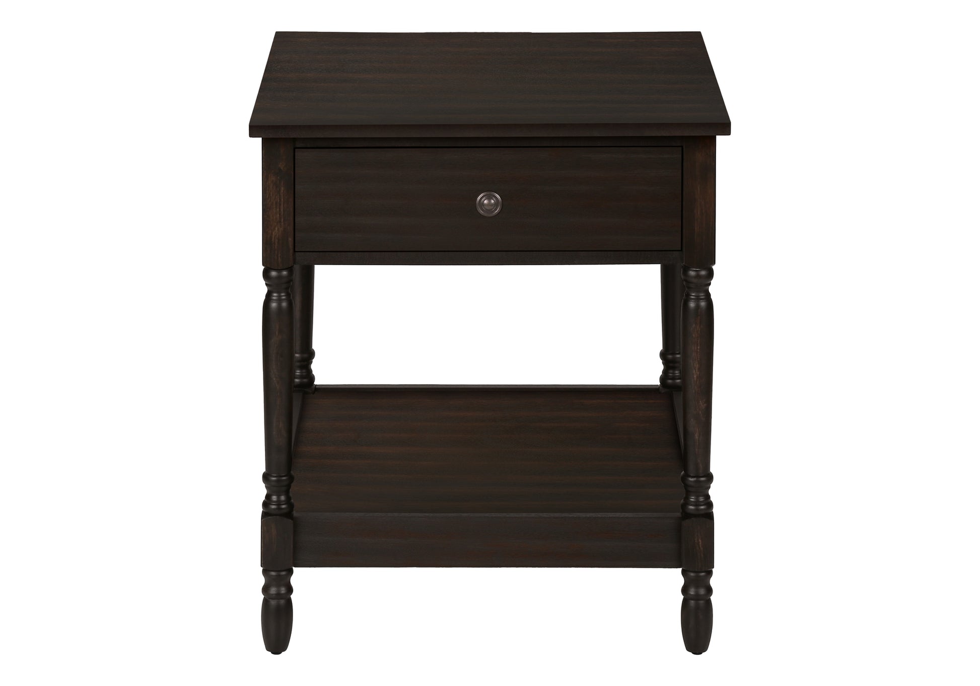 Dark wood nightstand with turned legs and one drawer a functional bedside table