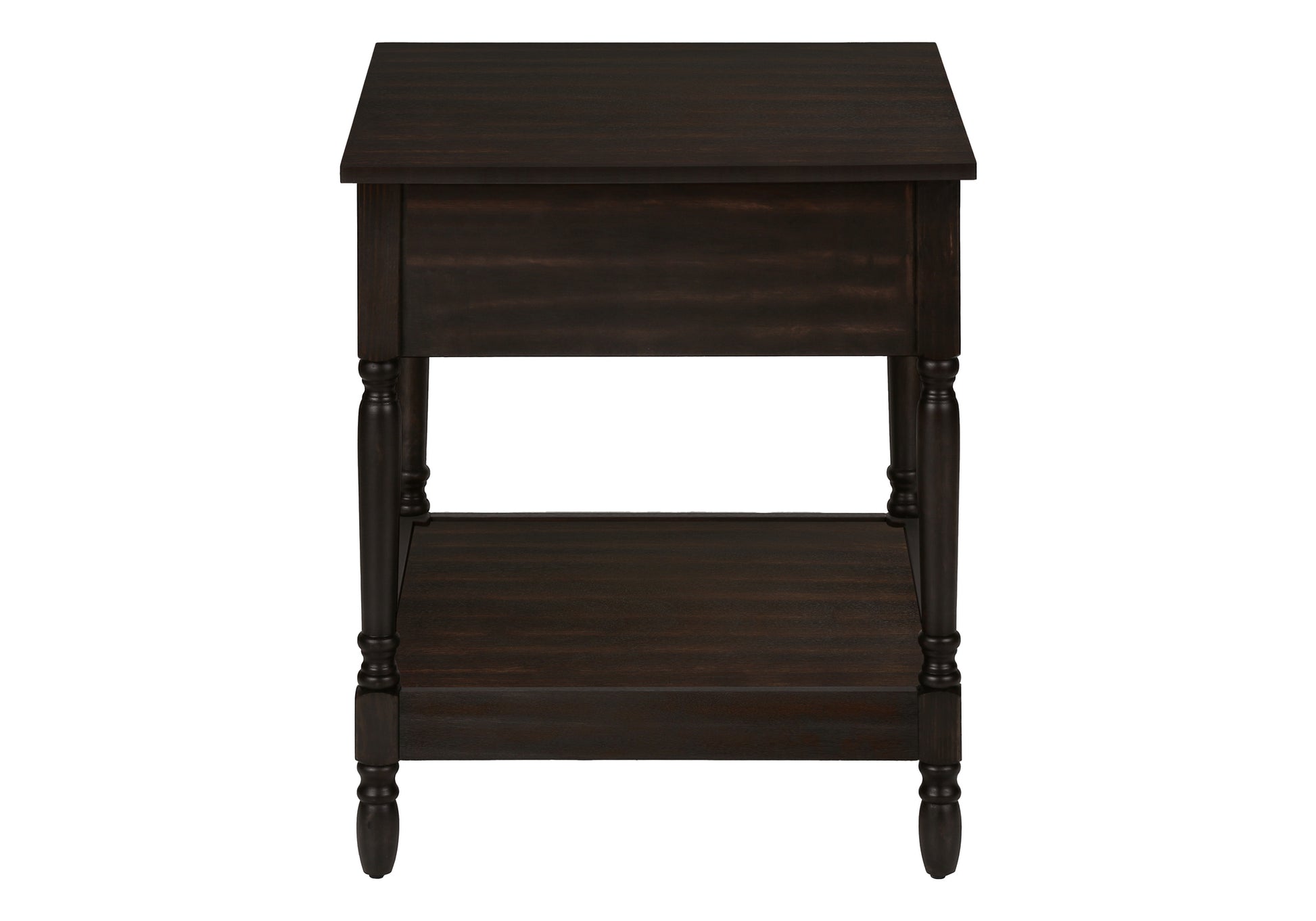 Dark brown wooden nightstand with turned legs and lower shelf