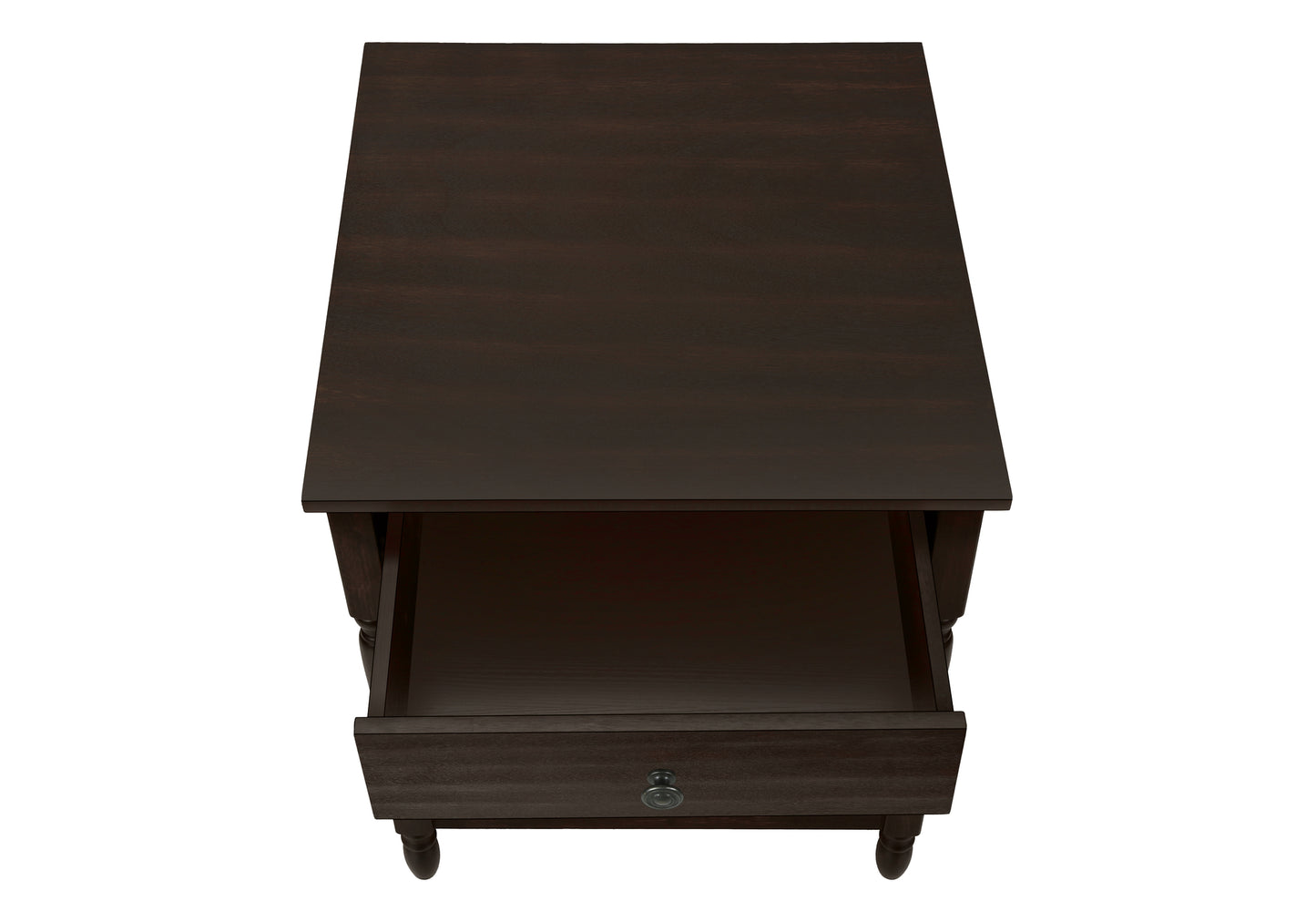 Dark brown wooden end table with one open drawer and a round knob