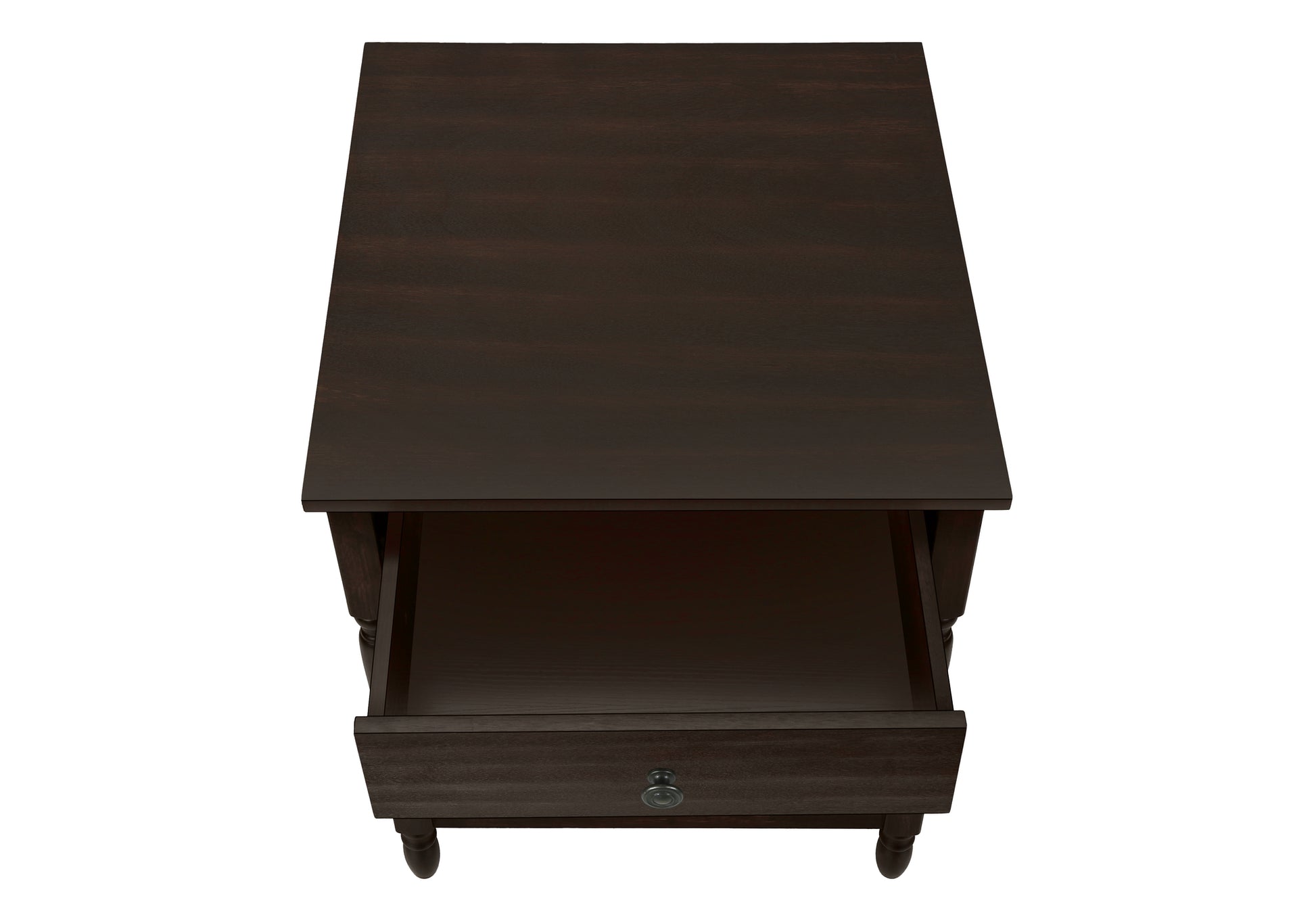 Dark brown wooden end table with one open drawer and a round knob