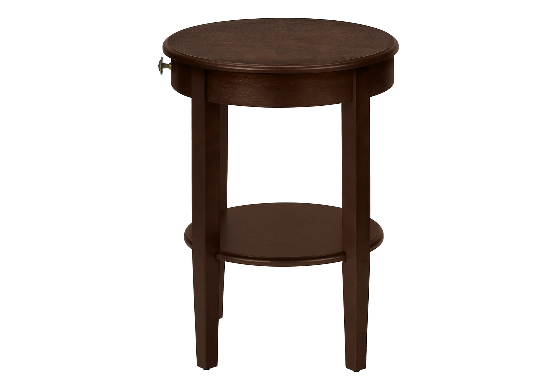 Dark brown wooden end table with one drawer and a lower shelf