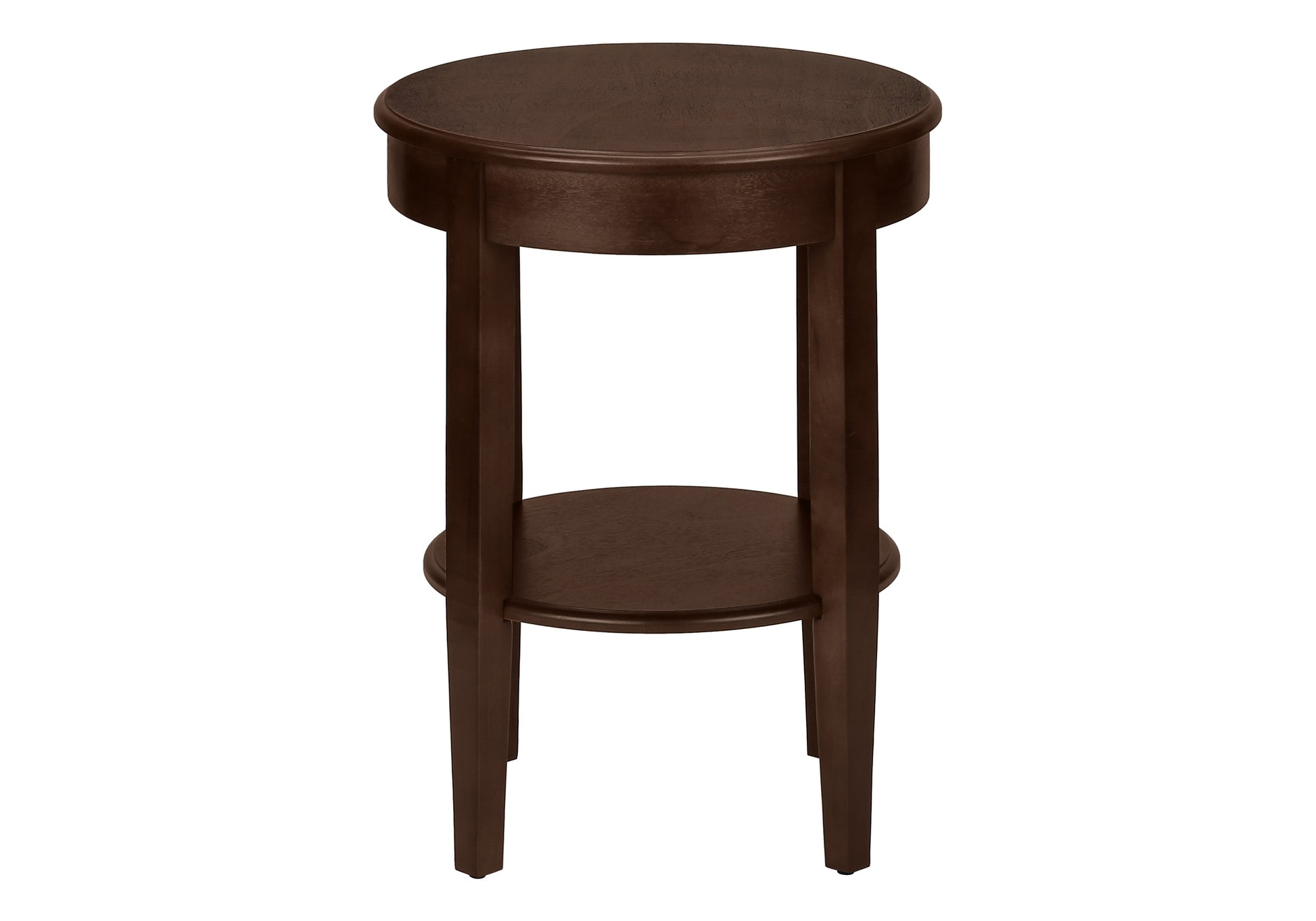 Dark brown wood accent table with two round shelves and tapered legs