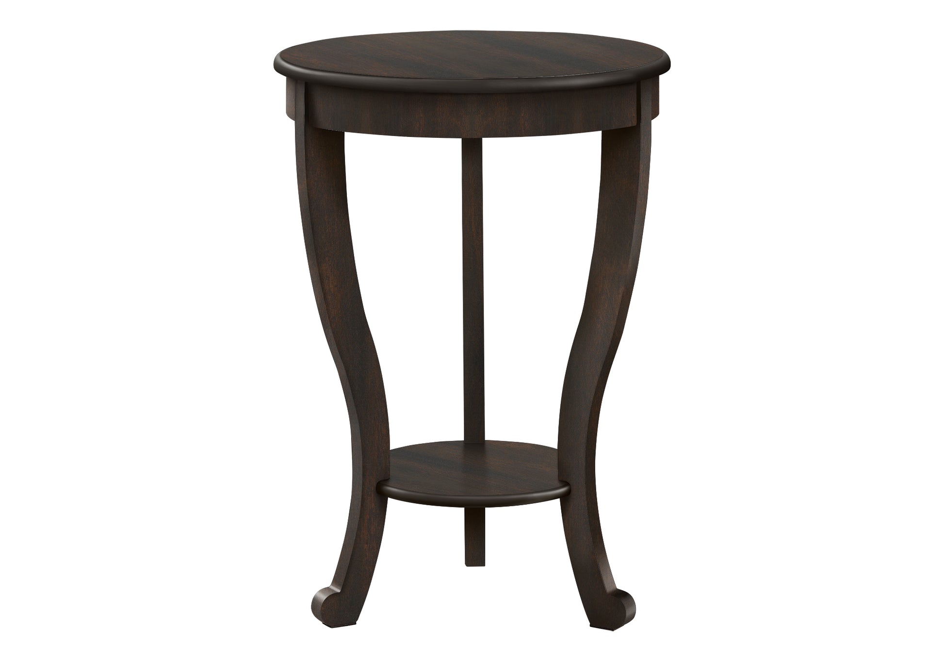 Dark wood plant stand with curved legs and a round top ideal for accent decor