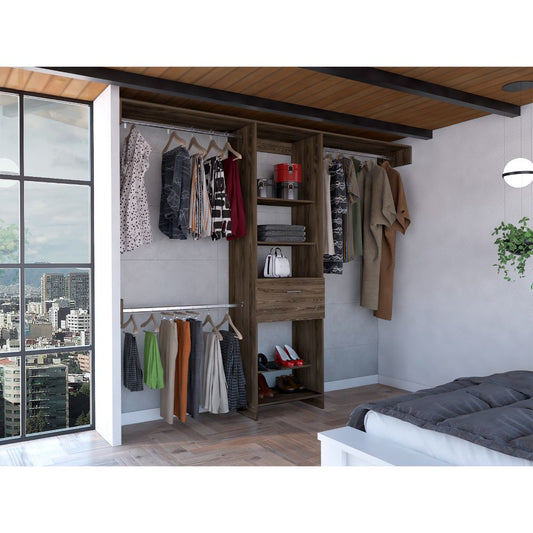 TREATLIFE HOME Closet System with Five Open Shelves, One Drawer, Three Rods, Modern Design, Dark Walnut