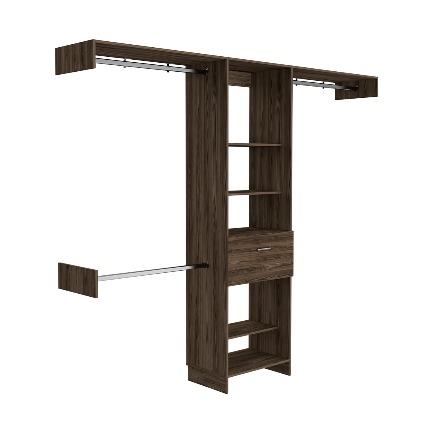 Dark brown wood modular closet system with hanging rods and shelves
