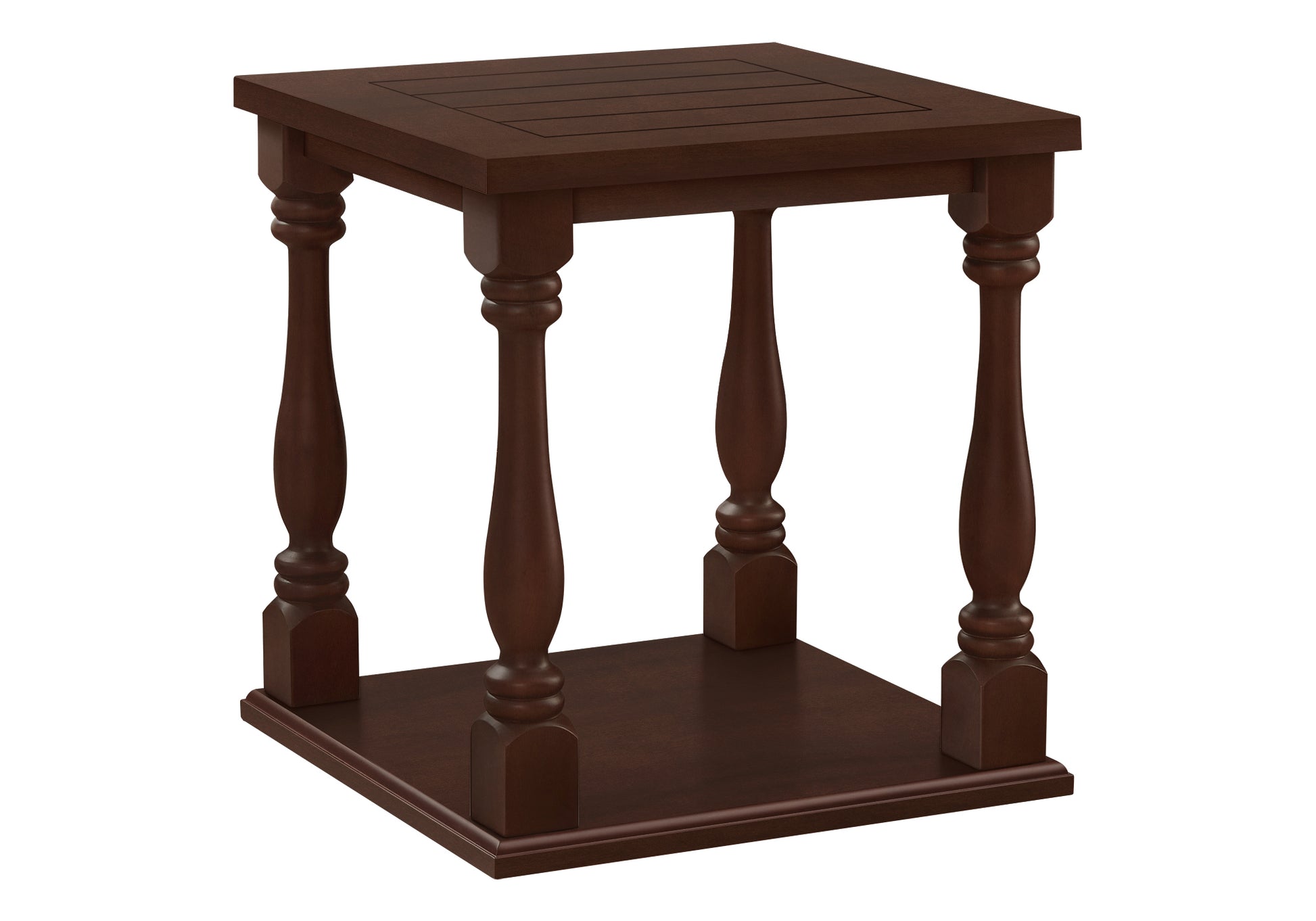 Dark brown wooden end table with turned legs and slatted top