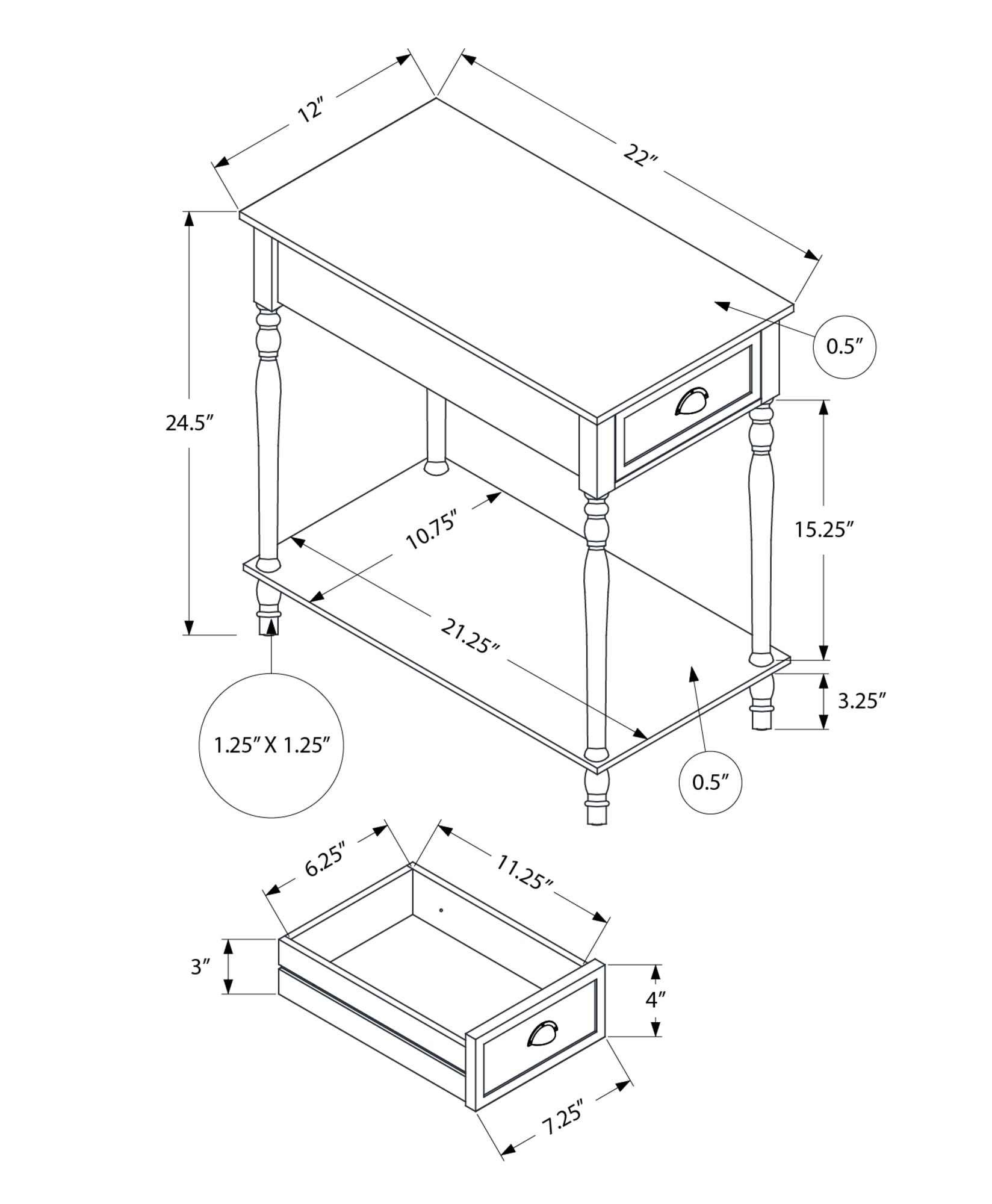Technical drawing of a white accent table with spindle legs and one drawer