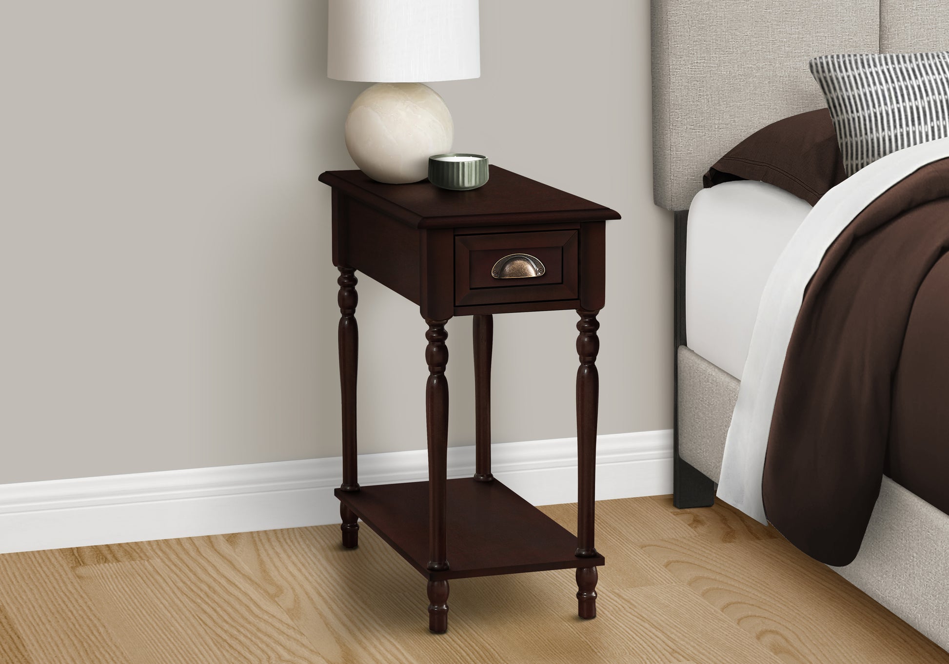 Dark brown wooden accent table with one drawer and a lower shelf