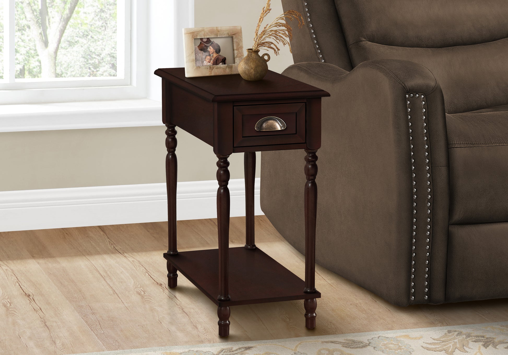 Dark wood accent table with a single drawer and lower shelf perfect for small spaces