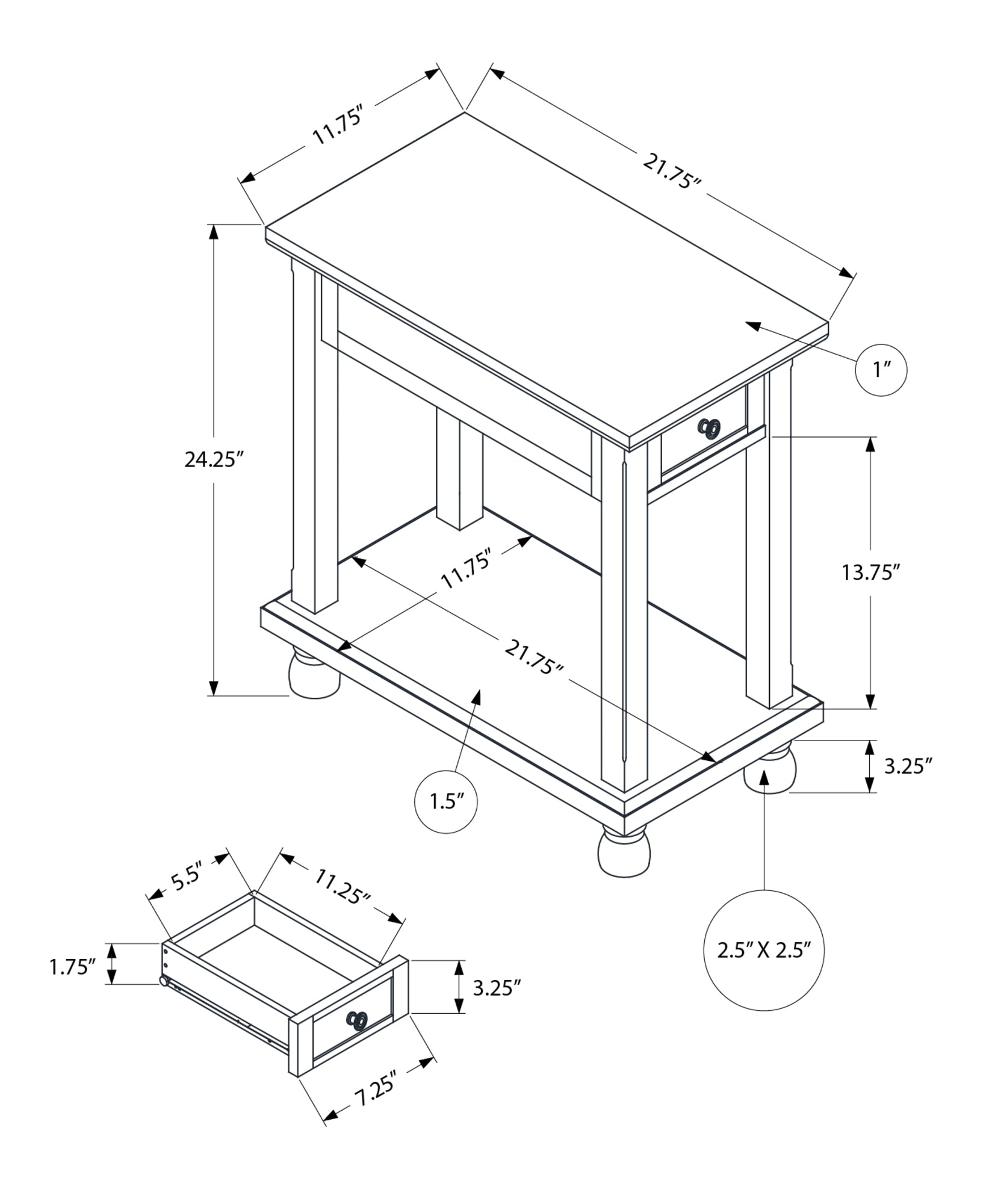 Technical drawing of a wooden end table with dimensions indicated for overall size and drawer compartment