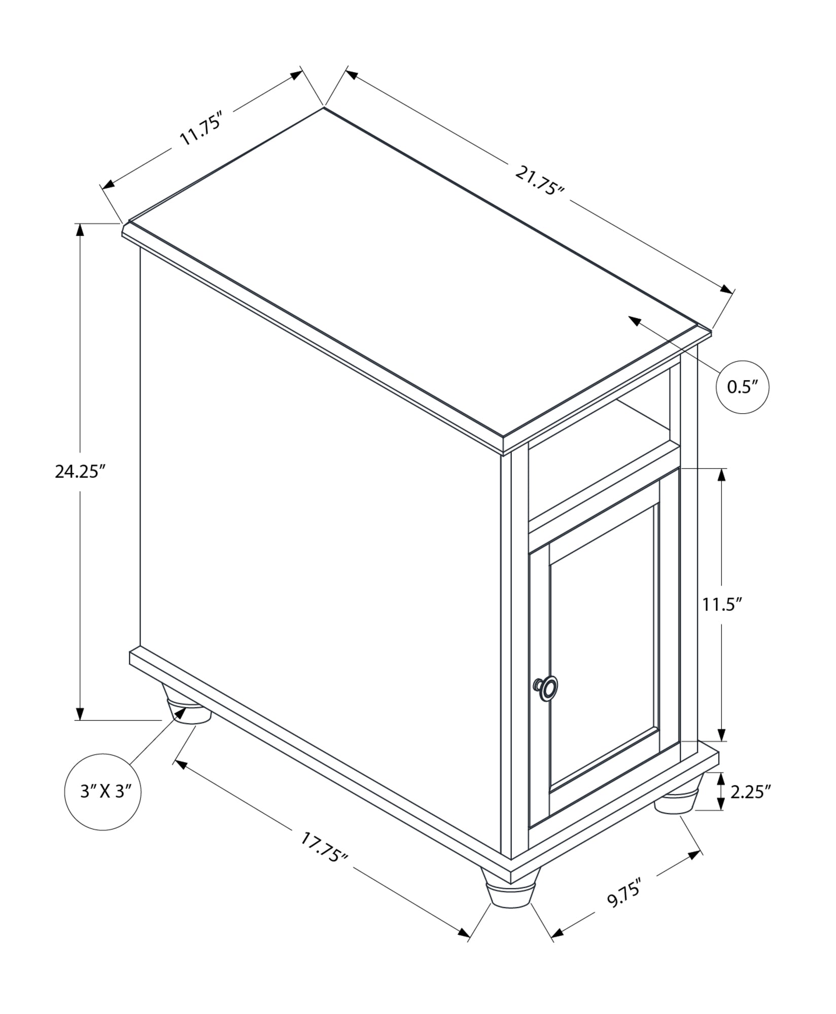 Diagram of a white accent cabinet with one drawer and one door showing dimensions  H x  W x  D