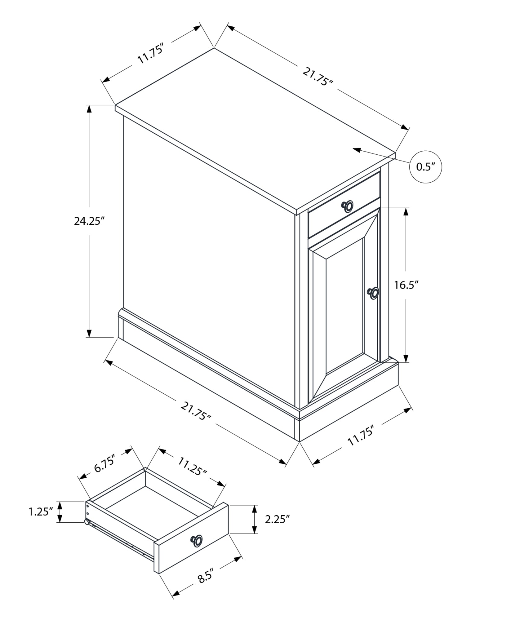 Technical drawing of a small end table with dimensions showing  height  width and  depth