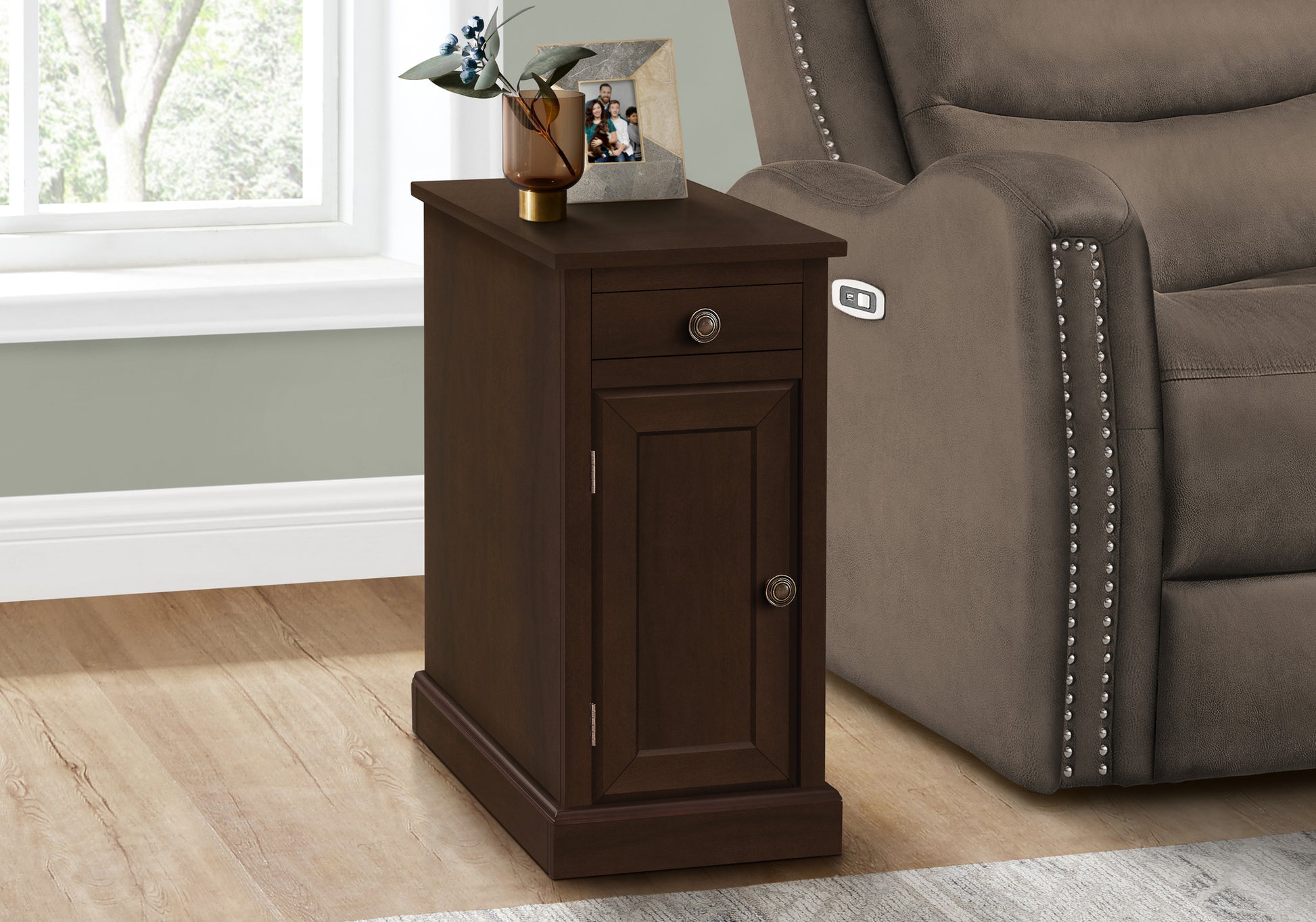 Dark brown wooden end table with single drawer and cabinet door modern design