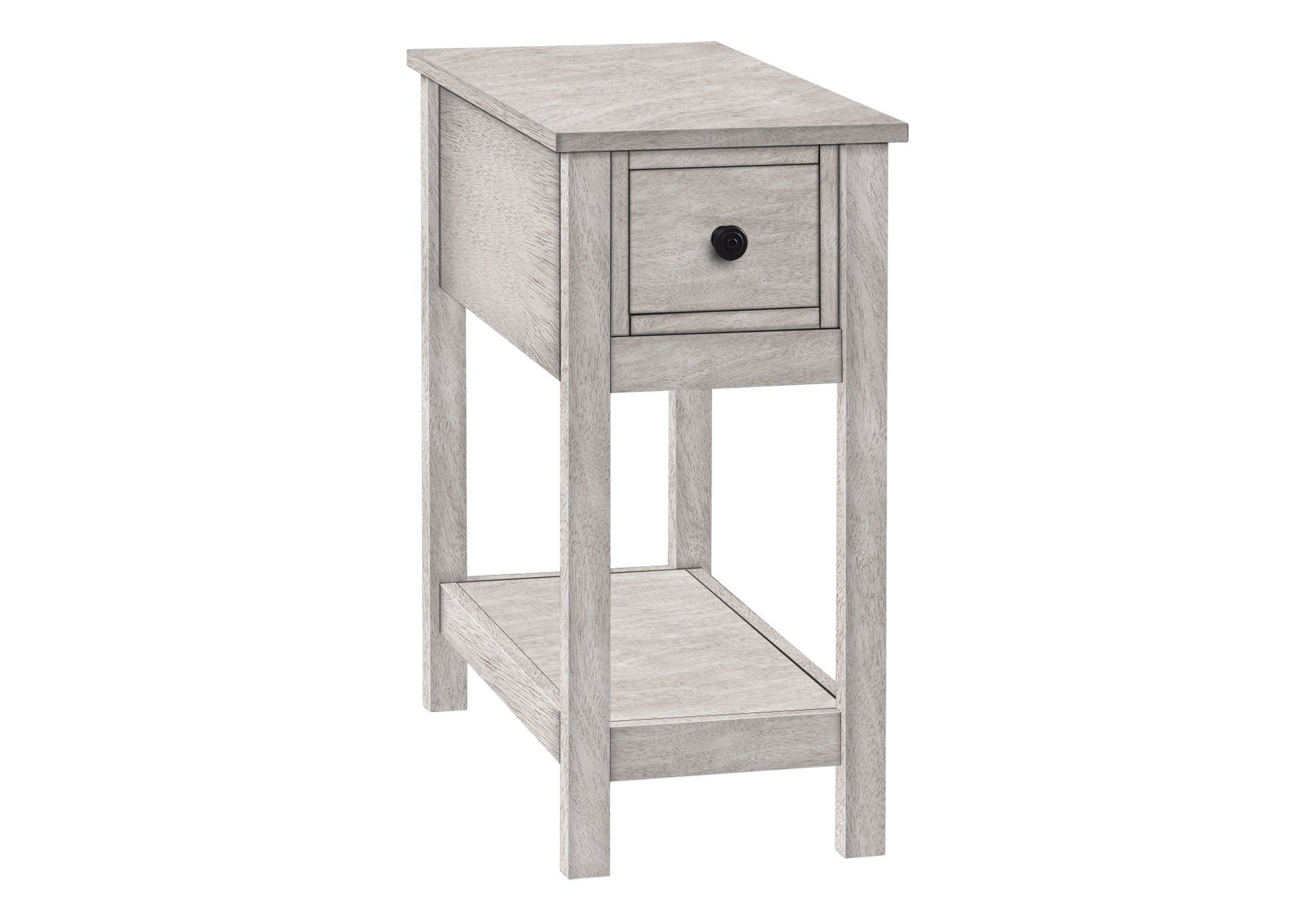 Distressed white narrow end table with one drawer and lower shelf