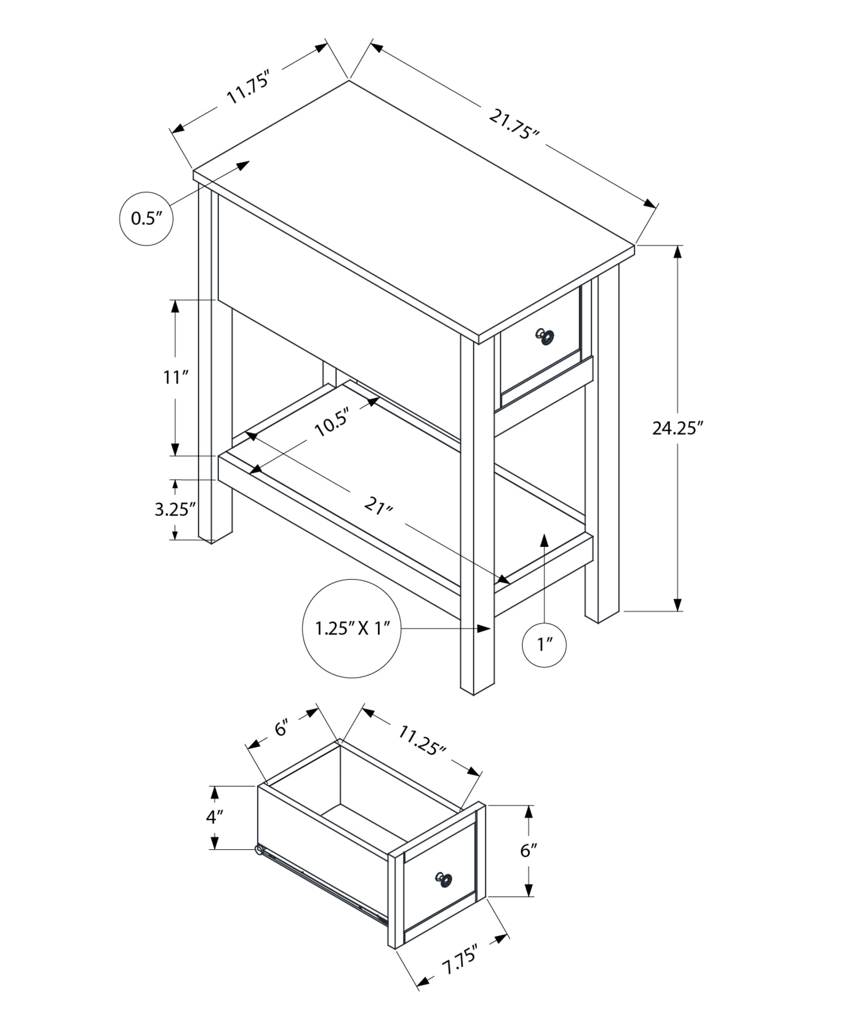Technical drawing of a compact side table with dimensions  height  width and  depth Includes a drawer and open shelf