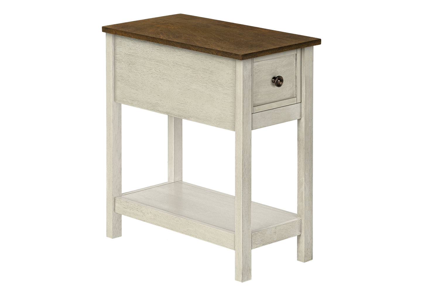 White distressed wood end table with brown top and single drawer