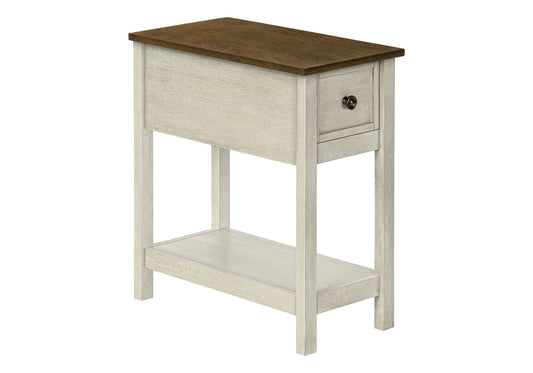 White distressed wood end table with brown top and single drawer