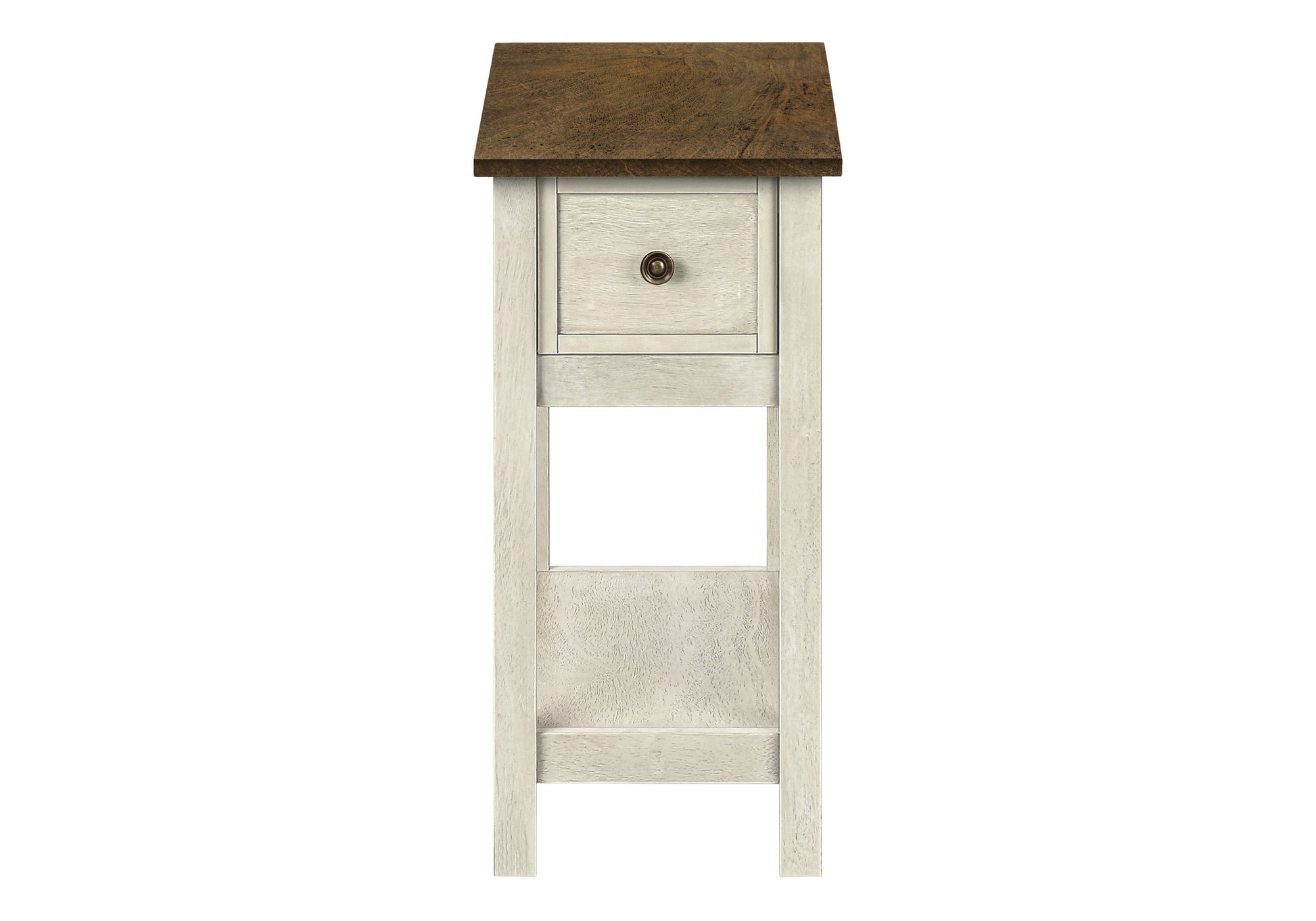 White and brown wood bedside table with one drawer and open shelf