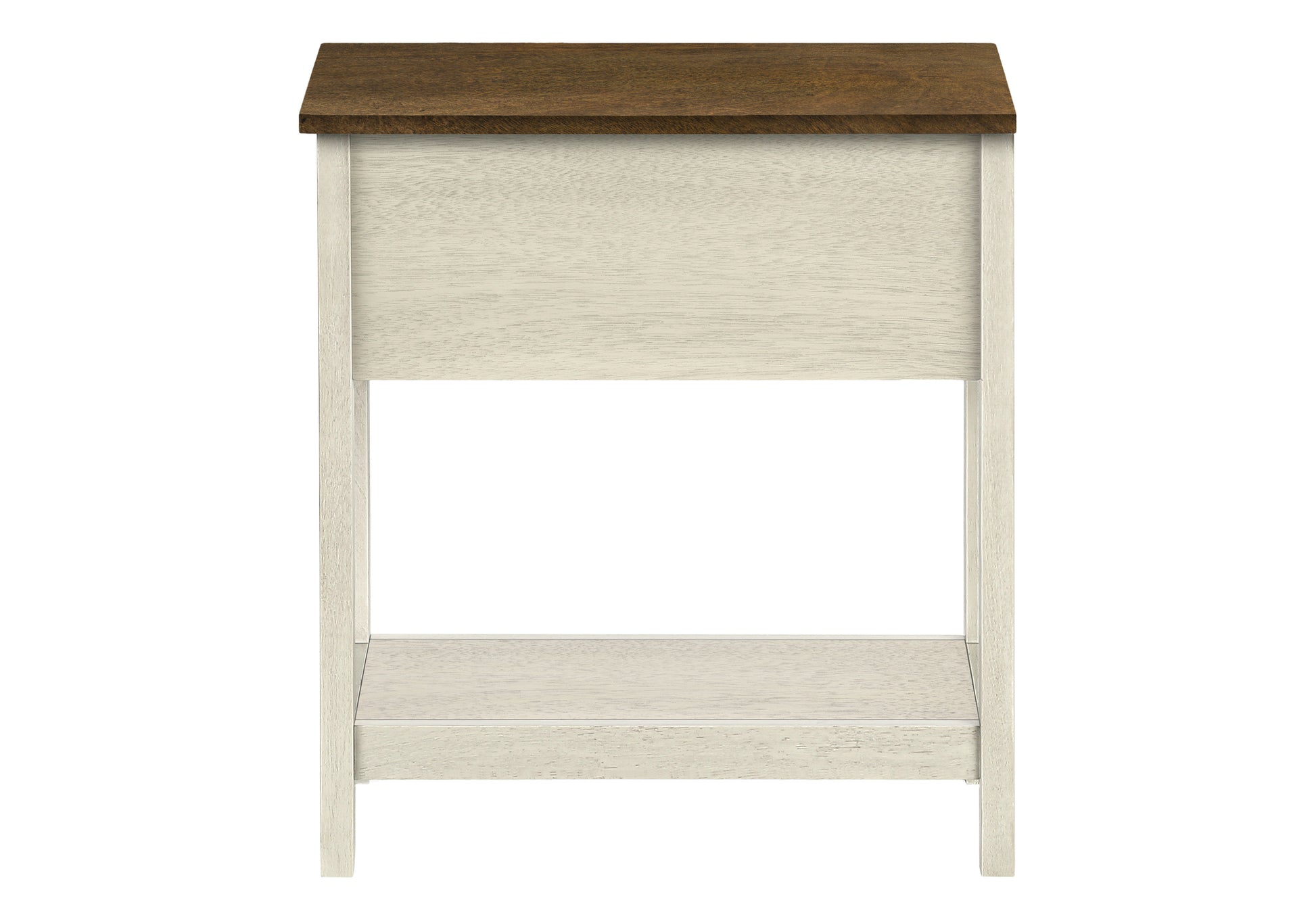 Cream wood accent table with dark wood top open shelf and straight legs