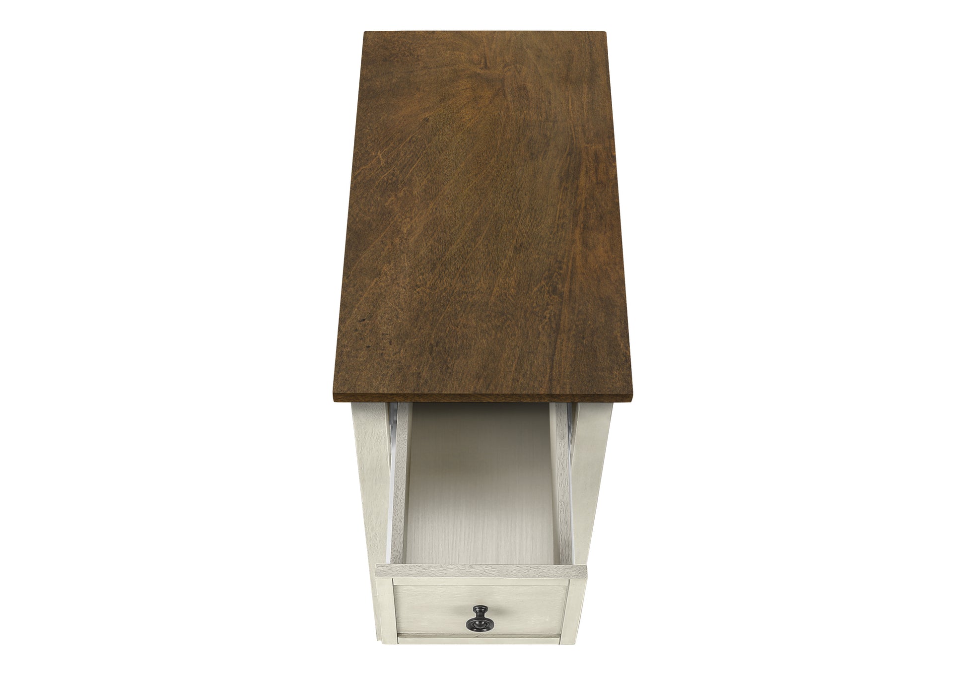 Top view of a narrow rustic brown wood end table with an open cream drawer