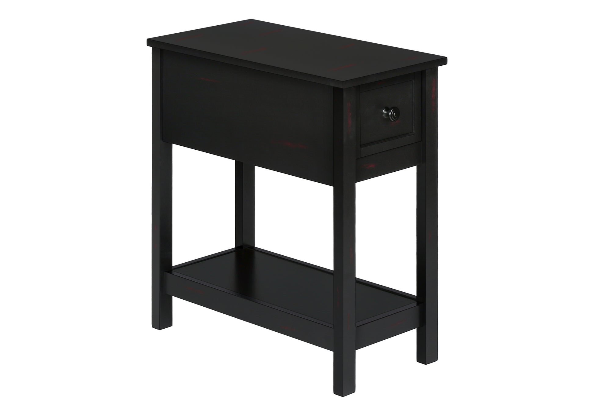 Black narrow side table with one drawer and open shelf