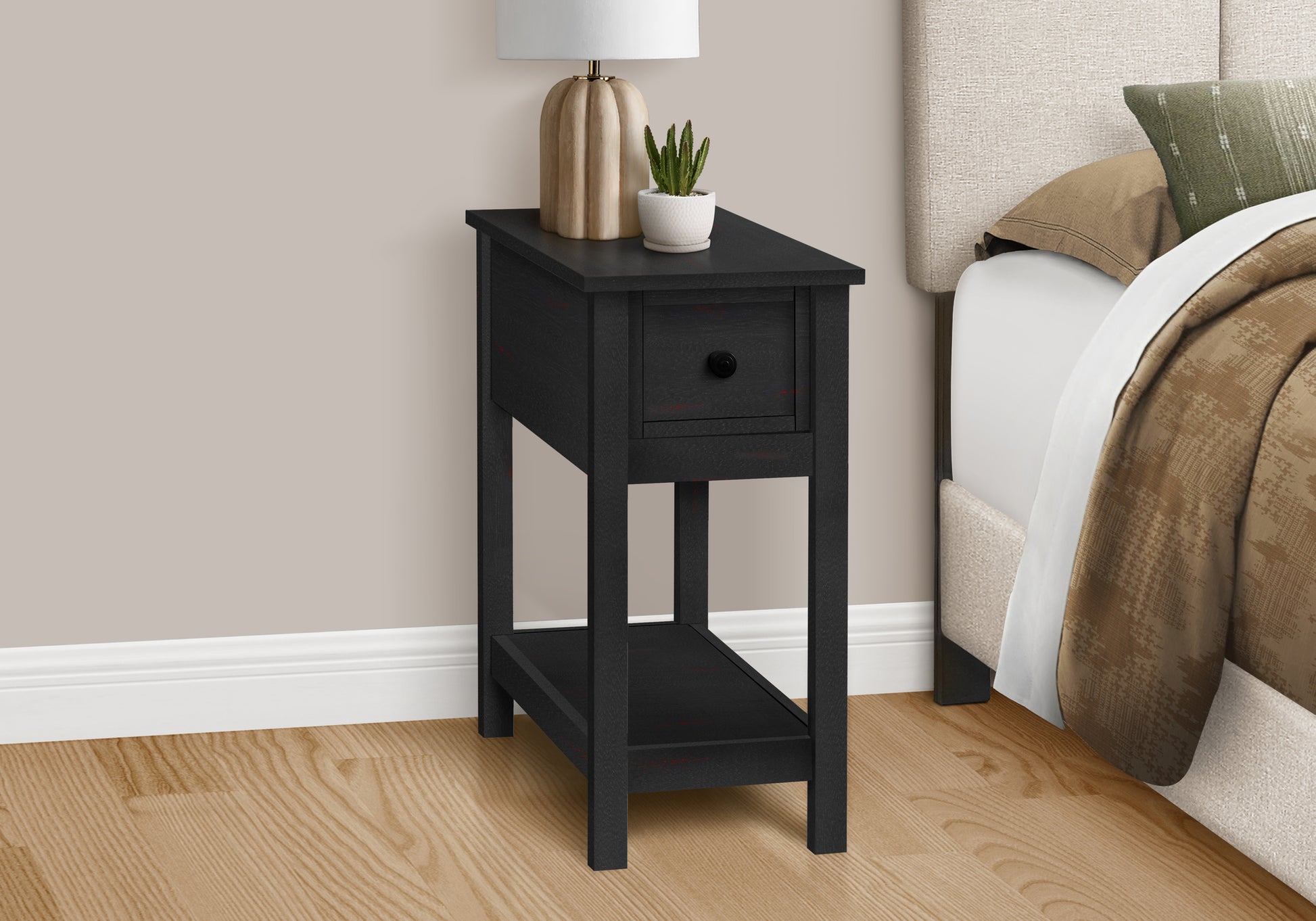 Black narrow side table with one drawer and open shelf for bedroom storage