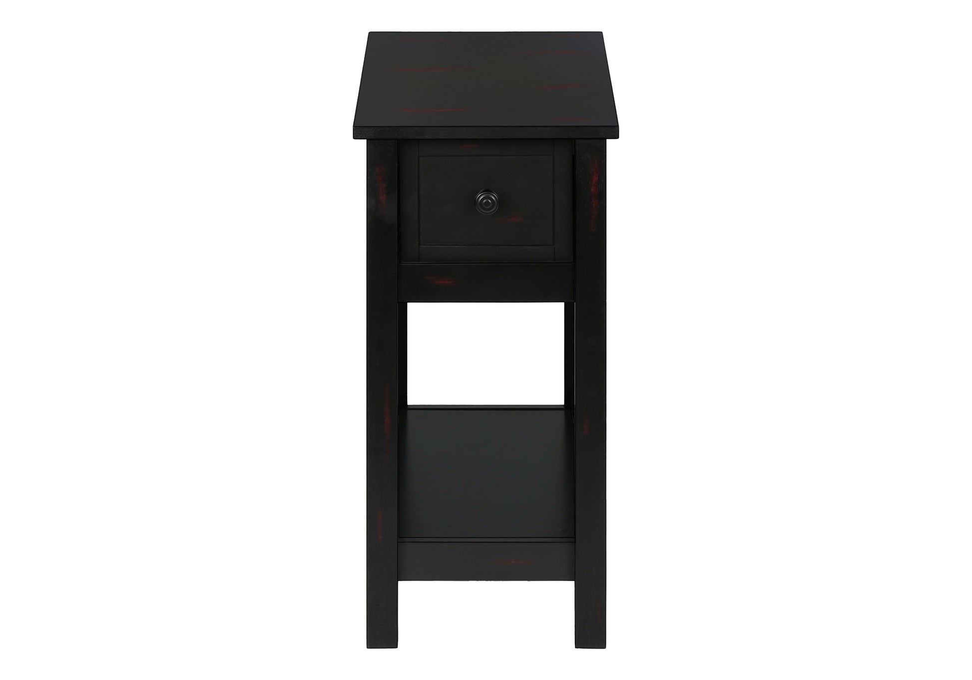Black distressed wood end table with one drawer and open shelf