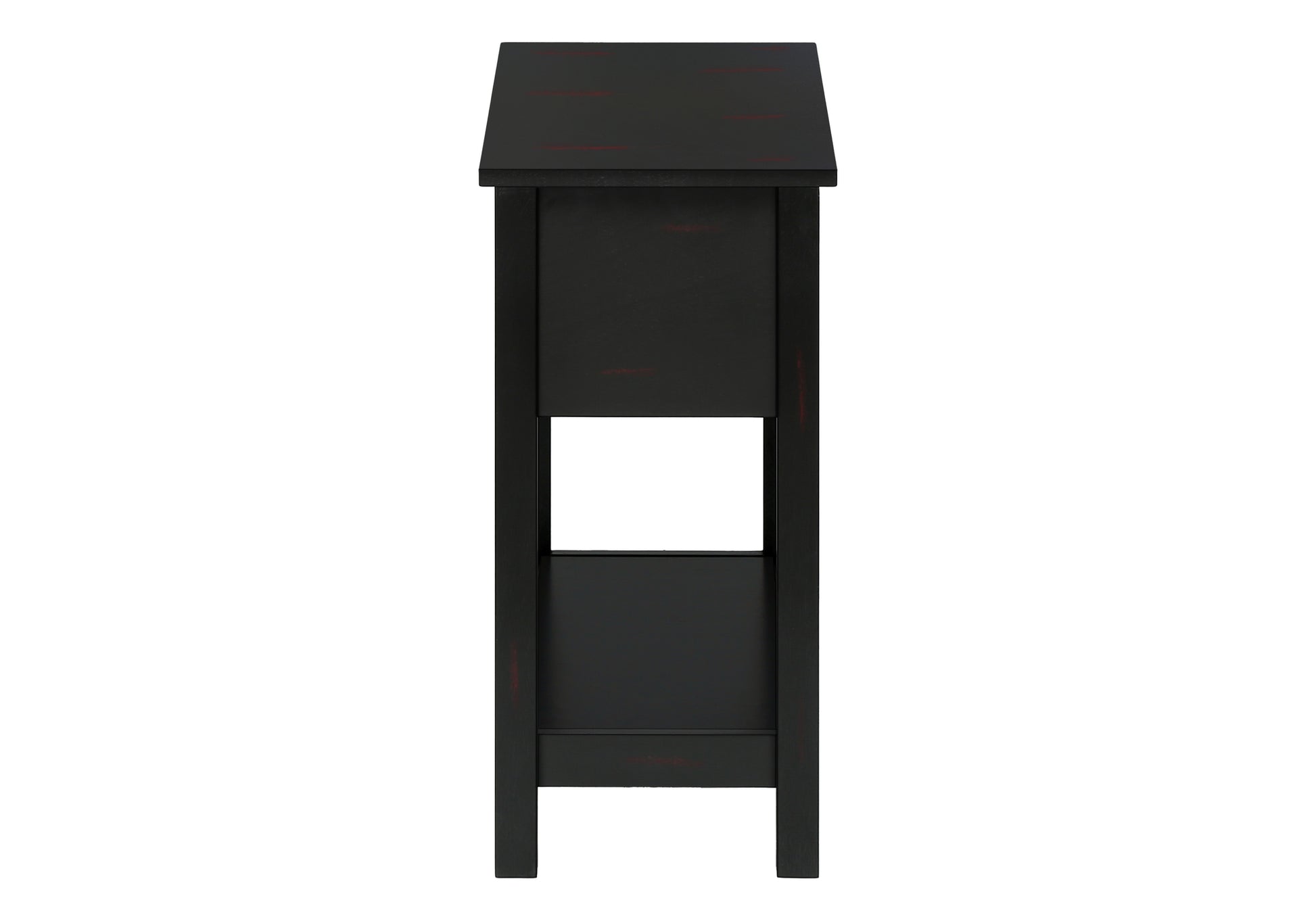 Narrow black console table with distressed red accents and open shelf