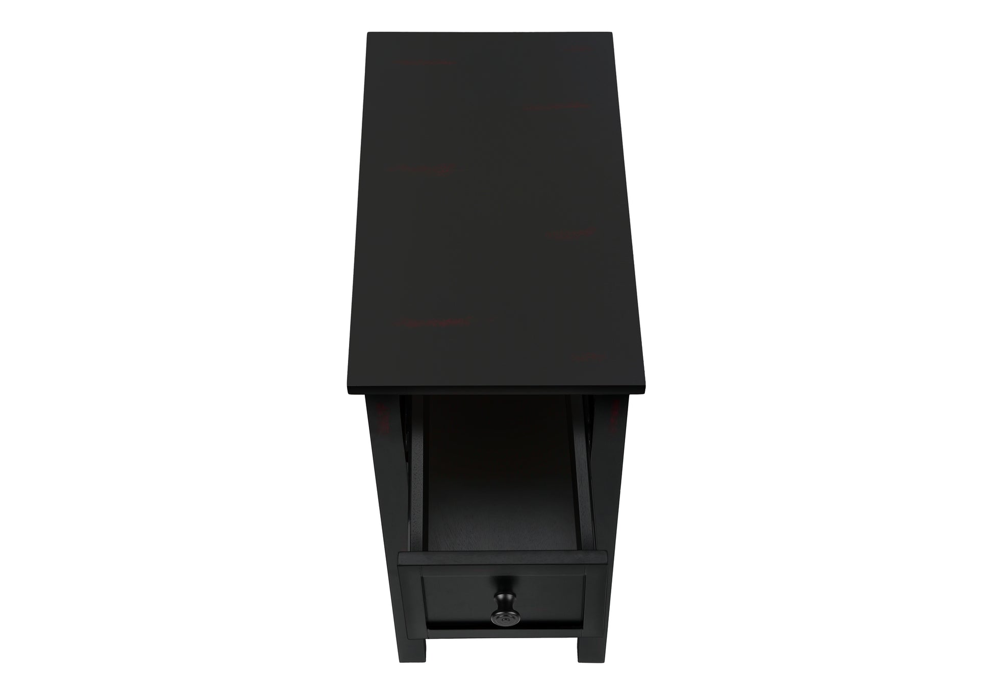 Black wooden accent table with one drawer and knob top view